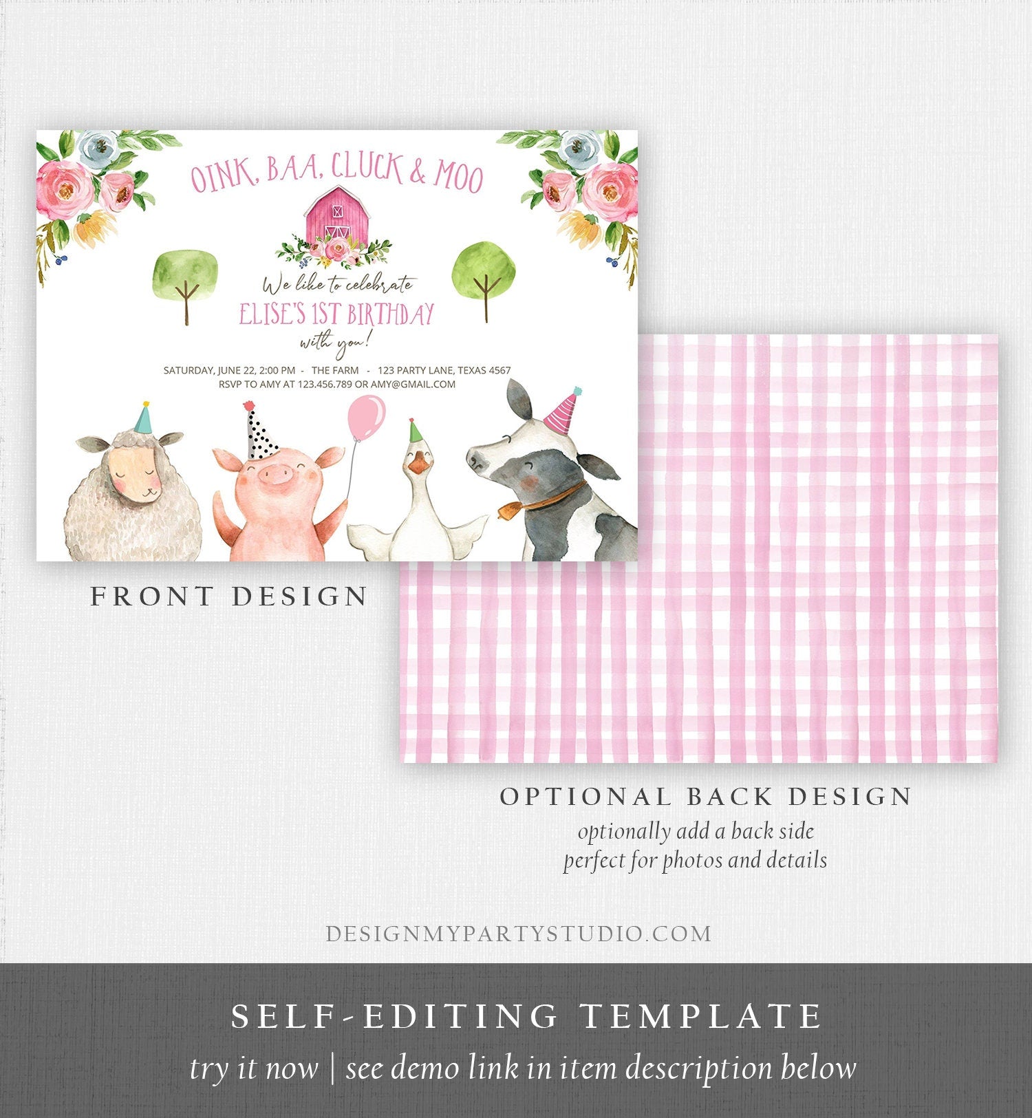 Editable Farm Animals Birthday Invitation Girl Party Animals Pink Barn Barnyard Download Digital Download Evite Template Printable 0155