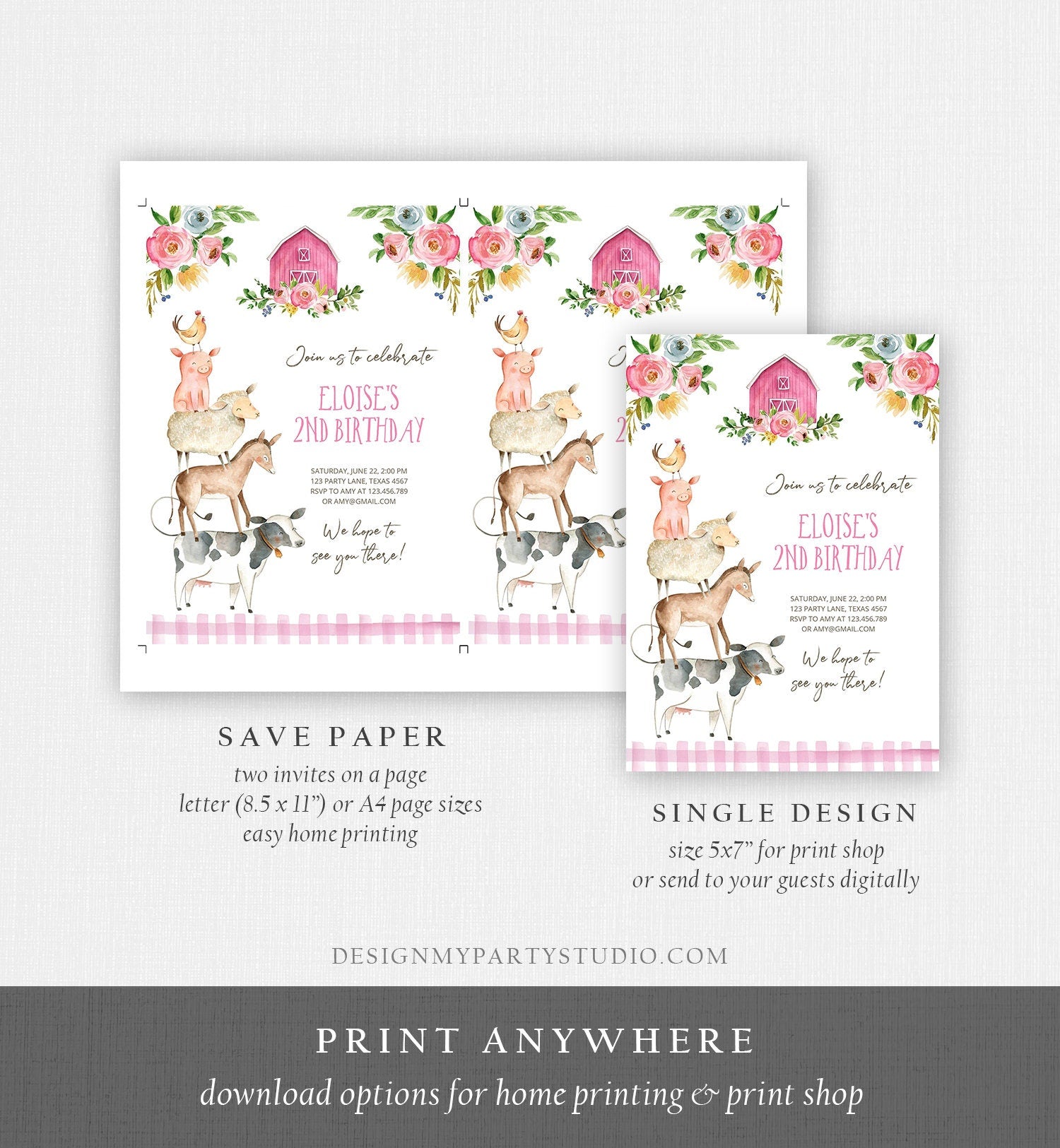 Editable Farm Animals Birthday Invitation Girl Party Animals Pink Floral Barnyard Party Digital Download Corjl Template Printable 0155