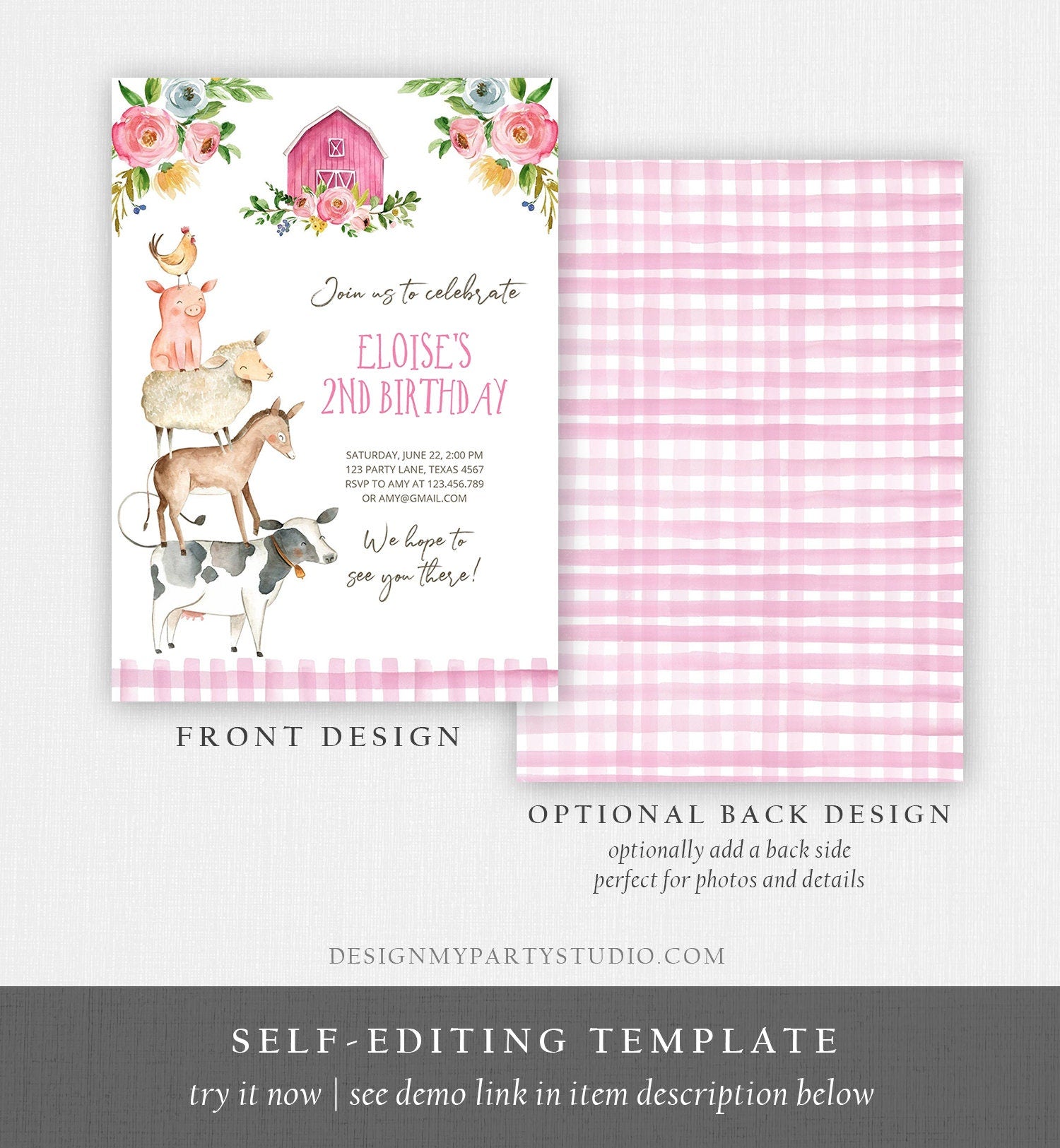 Editable Farm Animals Birthday Invitation Girl Party Animals Pink Floral Barnyard Party Digital Download Corjl Template Printable 0155