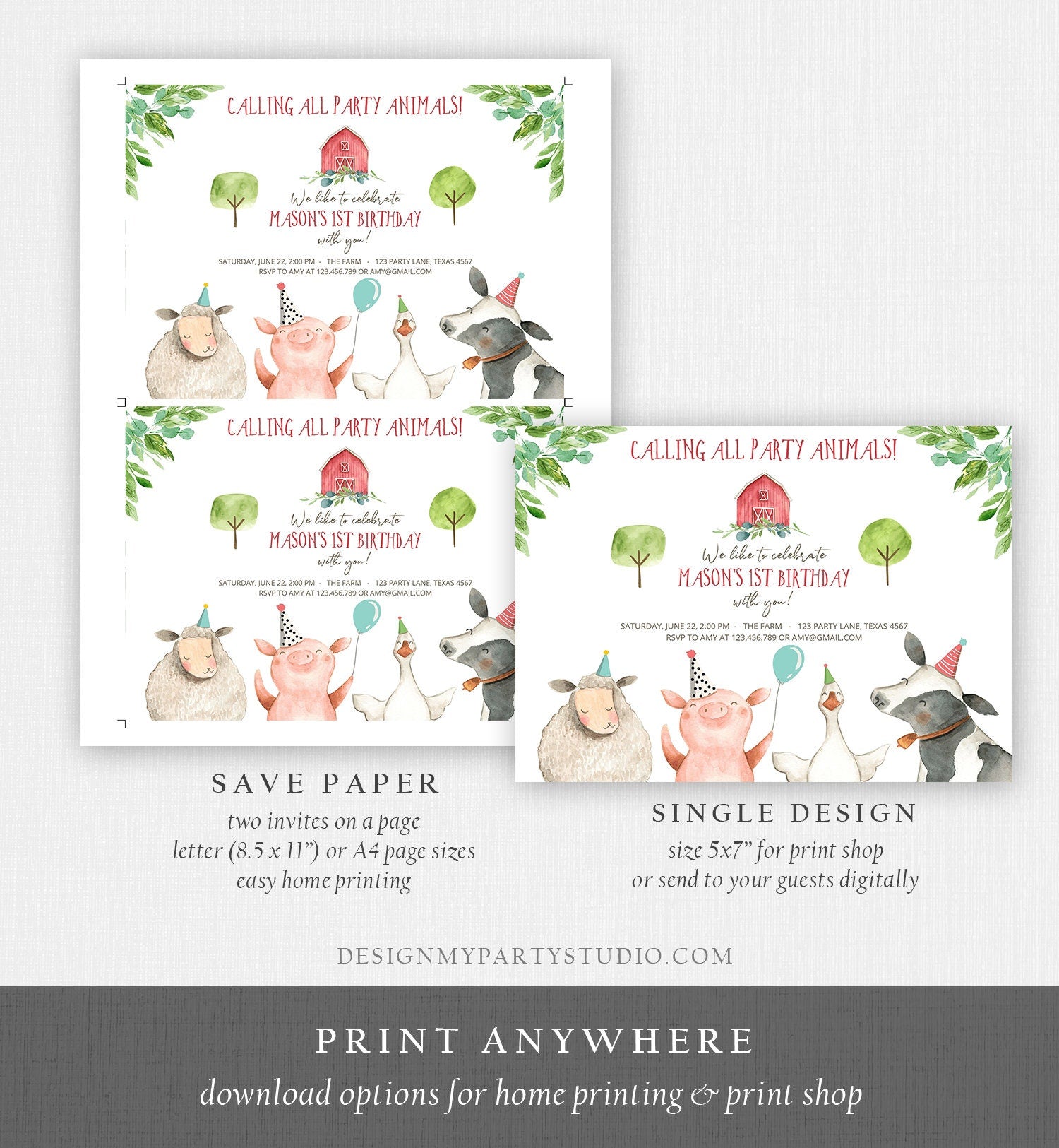 Editable Farm Birthday Invitation Boy Farm Animals Boy Barnyard Birthday Party Animals Printable Invitation Template Digital Corjl 0155