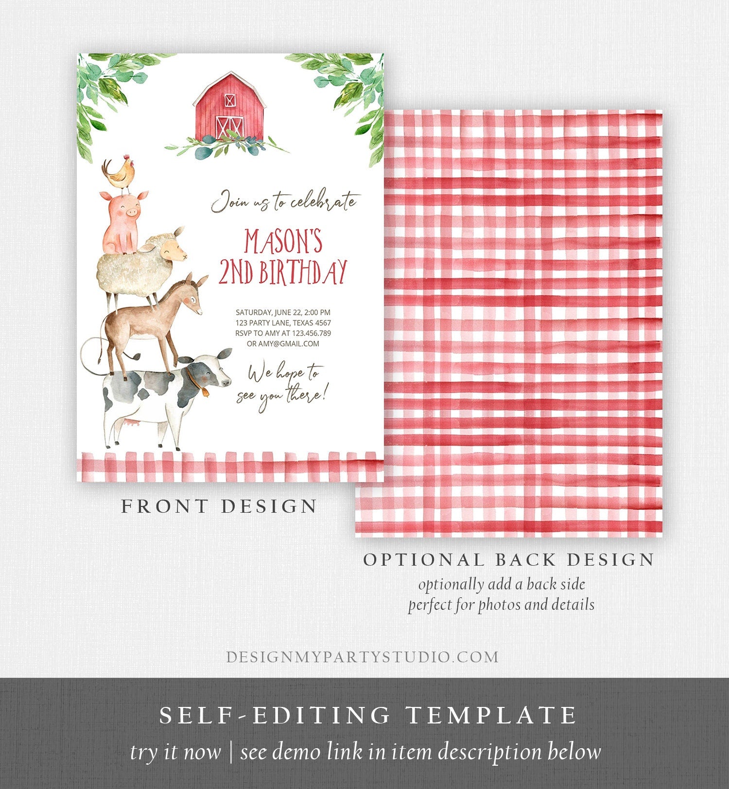 Editable Farm Birthday Invitation Boy Farm Animals Boy Barnyard Birthday Party Download Printable Invitation Template Digital Corjl 0155