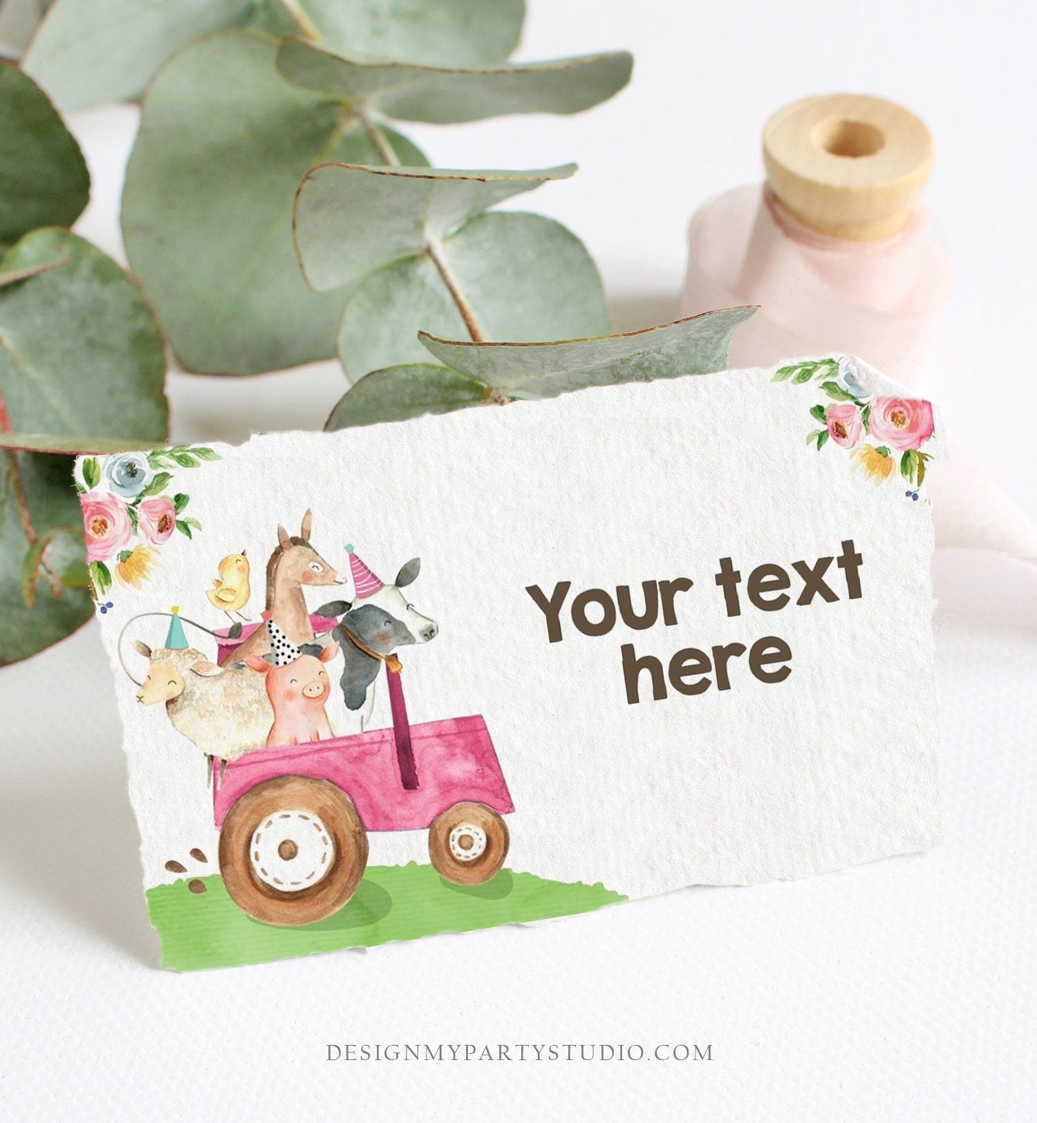 Editable Farm Animals Food Labels Barnyard Birthday Food Cards Tent Card Pink Farm Girl Shower Tractor Party Animal Digital Template 0155