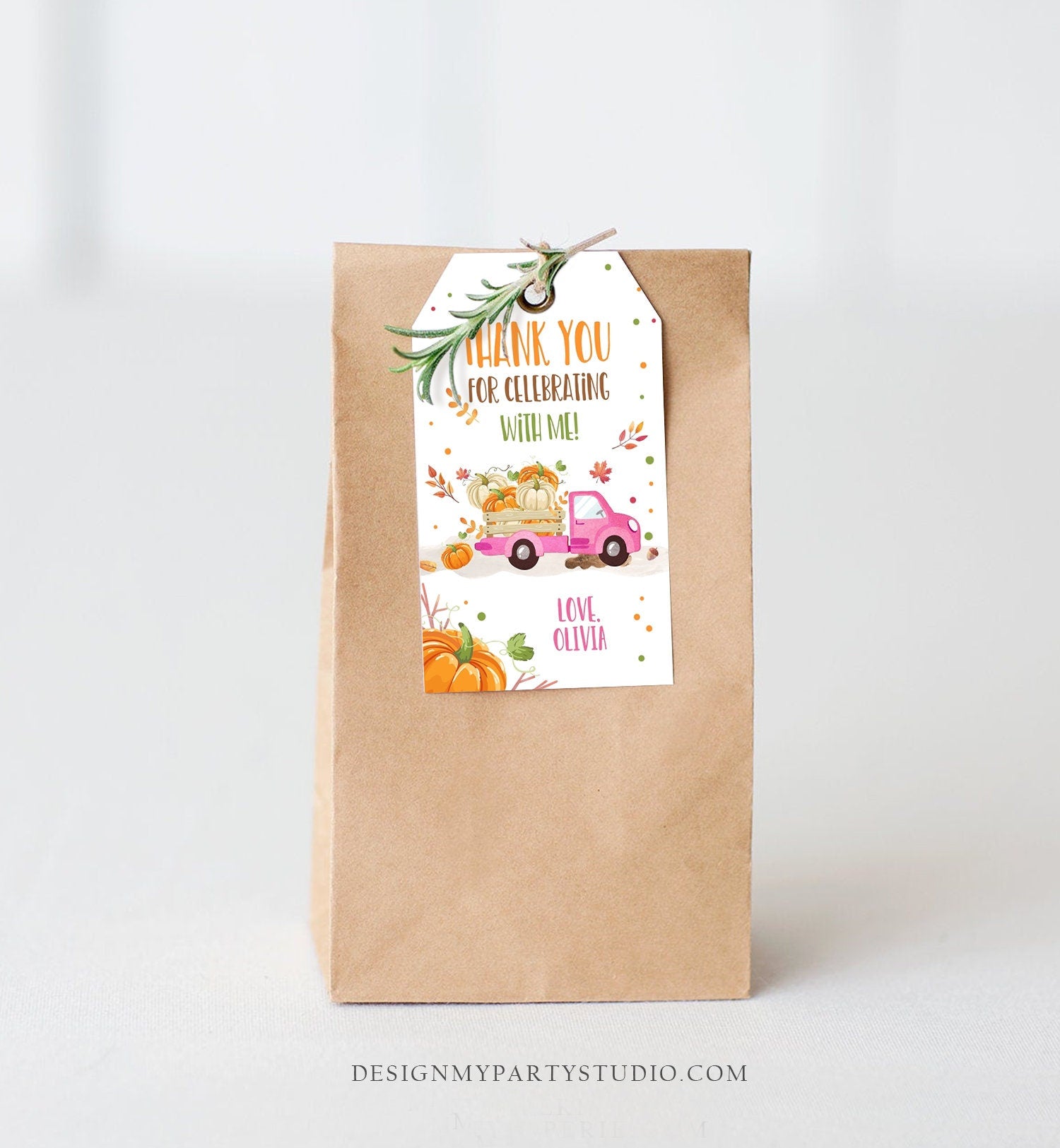 Editable Pumpkin Favor Tags Pumpkin Truck Thank You Tags Fall Autumn Label Pumpkin Birthday Girl Pink Fall Harvest Corjl Template 0153