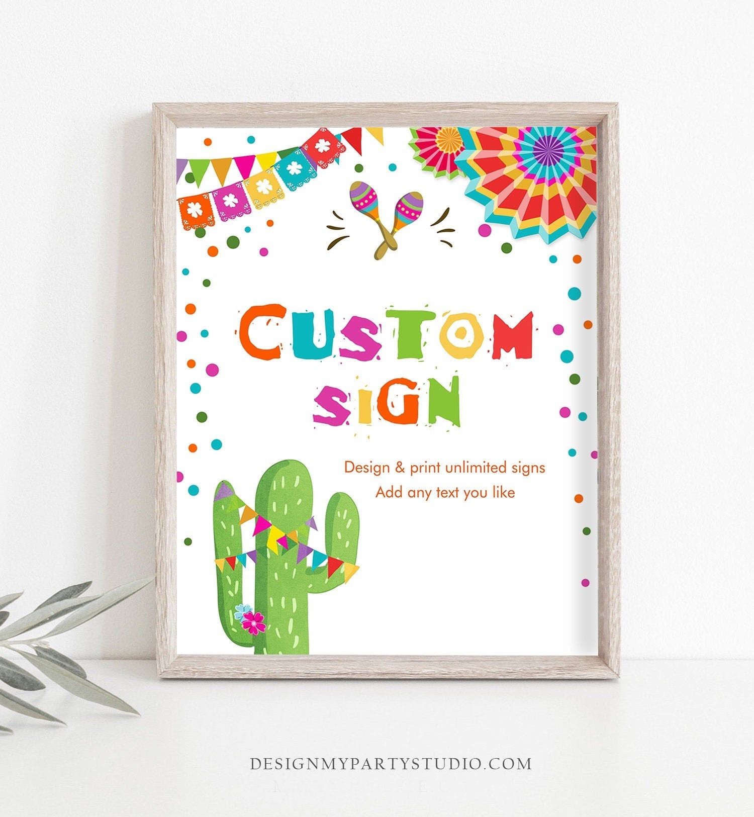 Editable Custom Sign Fiesta Cactus Sign Mexican Colorful Confetti Table Sign Decor Birthday Shower Party Download Printable Corjl 8x10 0045