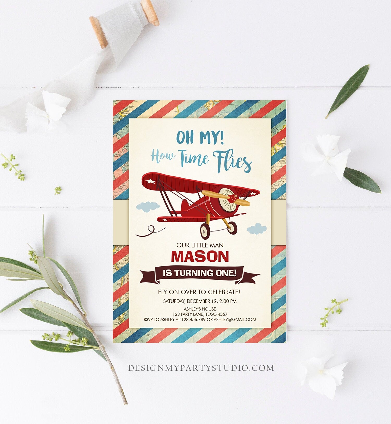 Editable Airplane Birthday Invitation Oh My Time Flies Red Airplane First Birthday Plane Sky Digital Download Evite Template Printable 0011