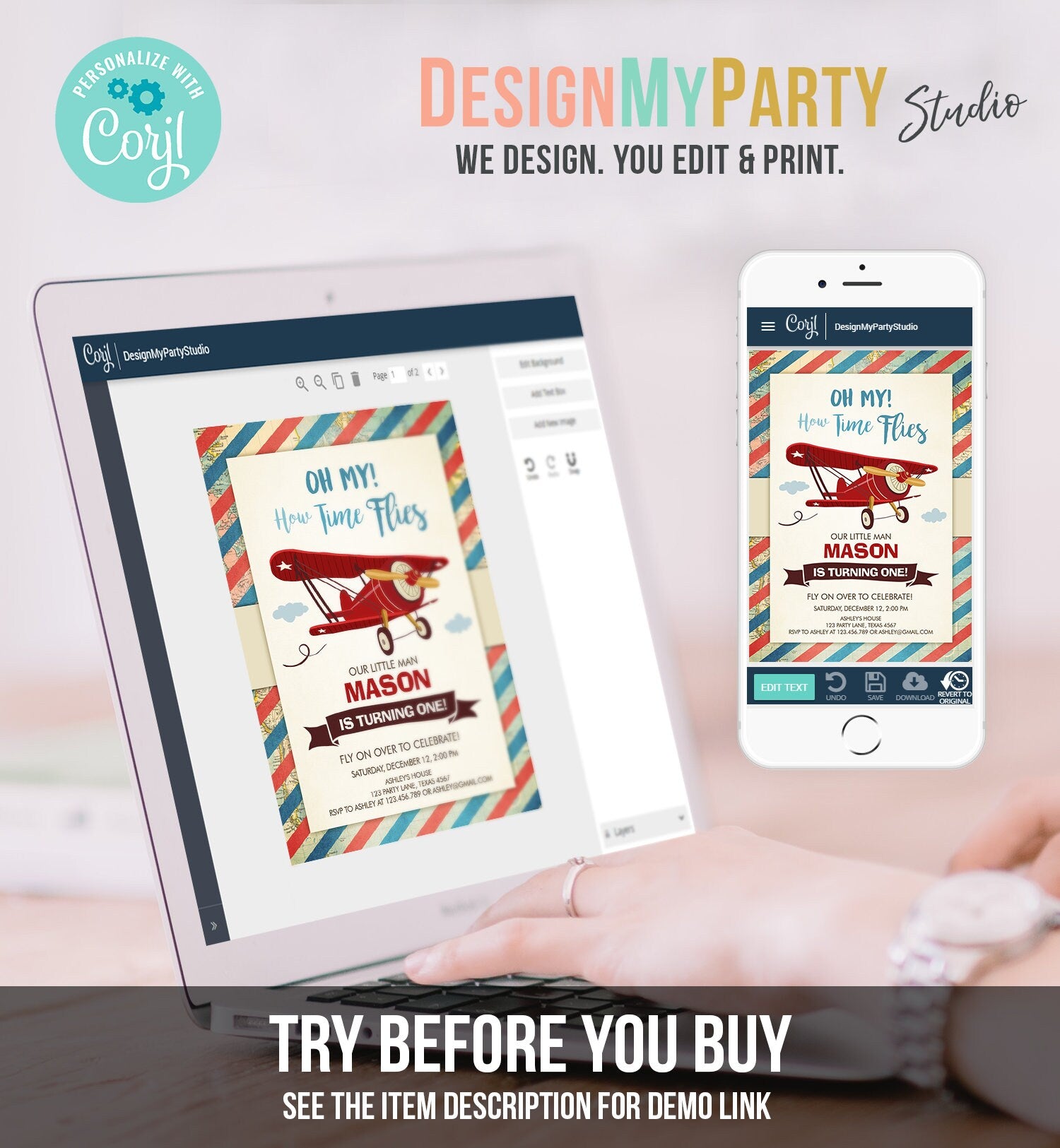 Editable Airplane Birthday Invitation Oh My Time Flies Red Airplane First Birthday Plane Sky Digital Download Evite Template Printable 0011