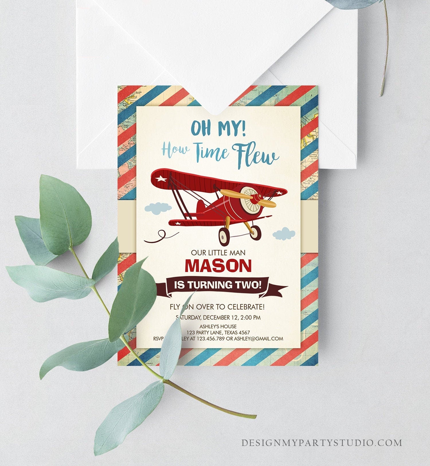 Editable Airplane Birthday Invitation Oh My Time Flew Red Airplane Second Birthday Plane Sky Digital Download Evite Template Printable 0011