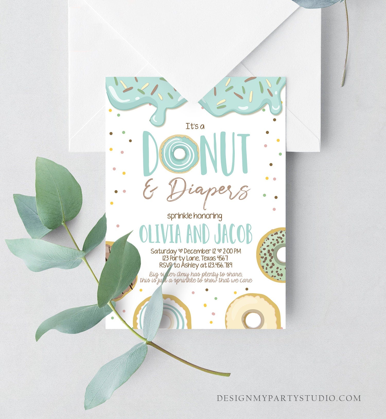 Editable Donut and Diapers Baby Shower Invitation Sprinkle Sprinkled With Love Coed Boy Blue Pastel Download Printable Corj Template 0320