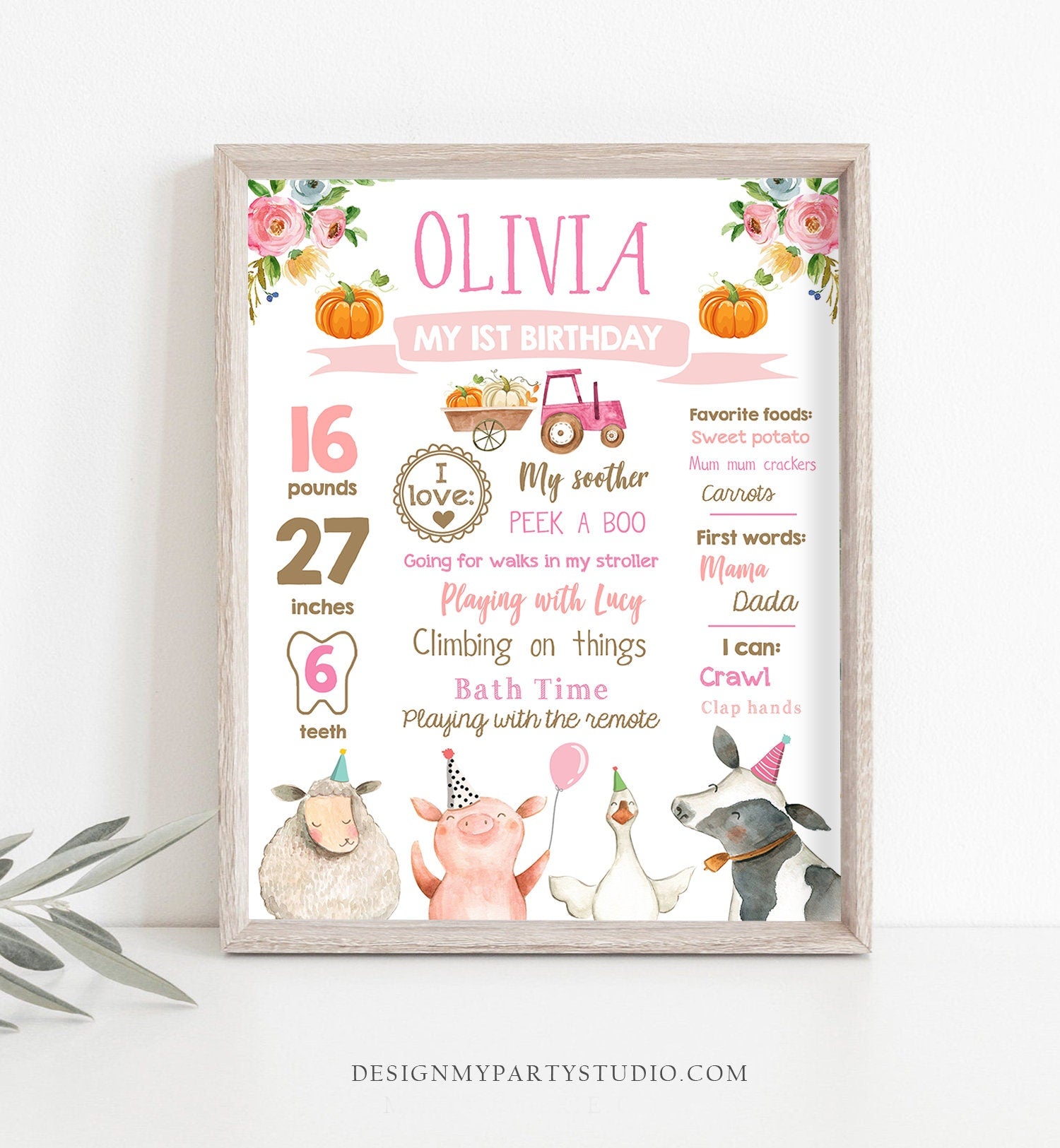 Editable Pumpkin Farm Animals Birthday Milestones Sign Girl Pink Fall Farm Birthday Barnyard Bash Autumn Download Template Printable 0155