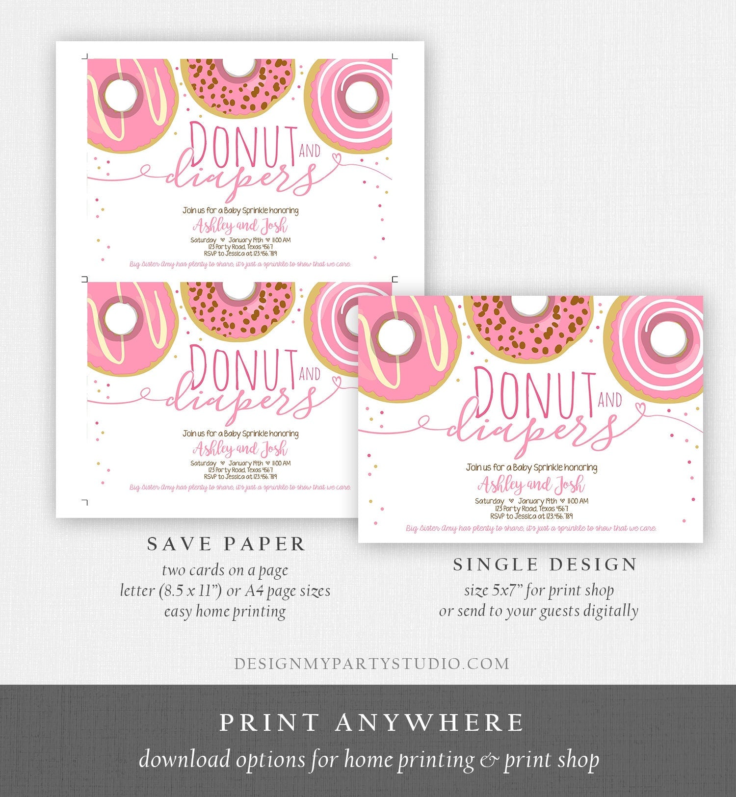 Editable Donut and Diapers Baby Shower Invitation Sprinkle Sprinkled With Love Coed Girl Pink Pastel Download Printable Corj Template 0050