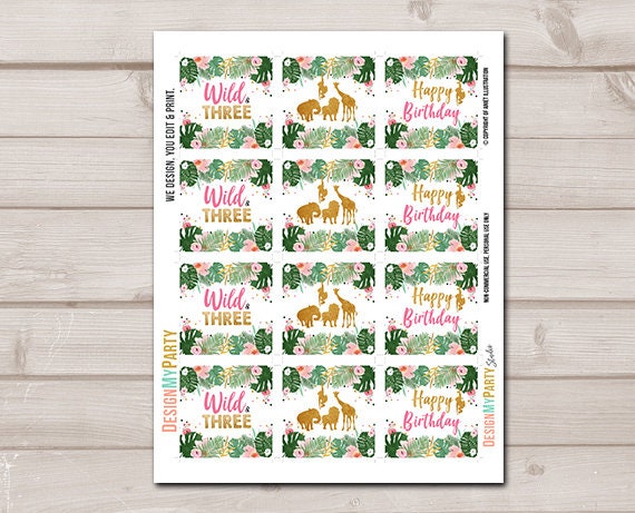 Wild and Three Cupcake Toppers Favor Tag Party Animals Birthday Party Decoration Girl Sticker Safari Animals Digital Download PRINTABLE 0016