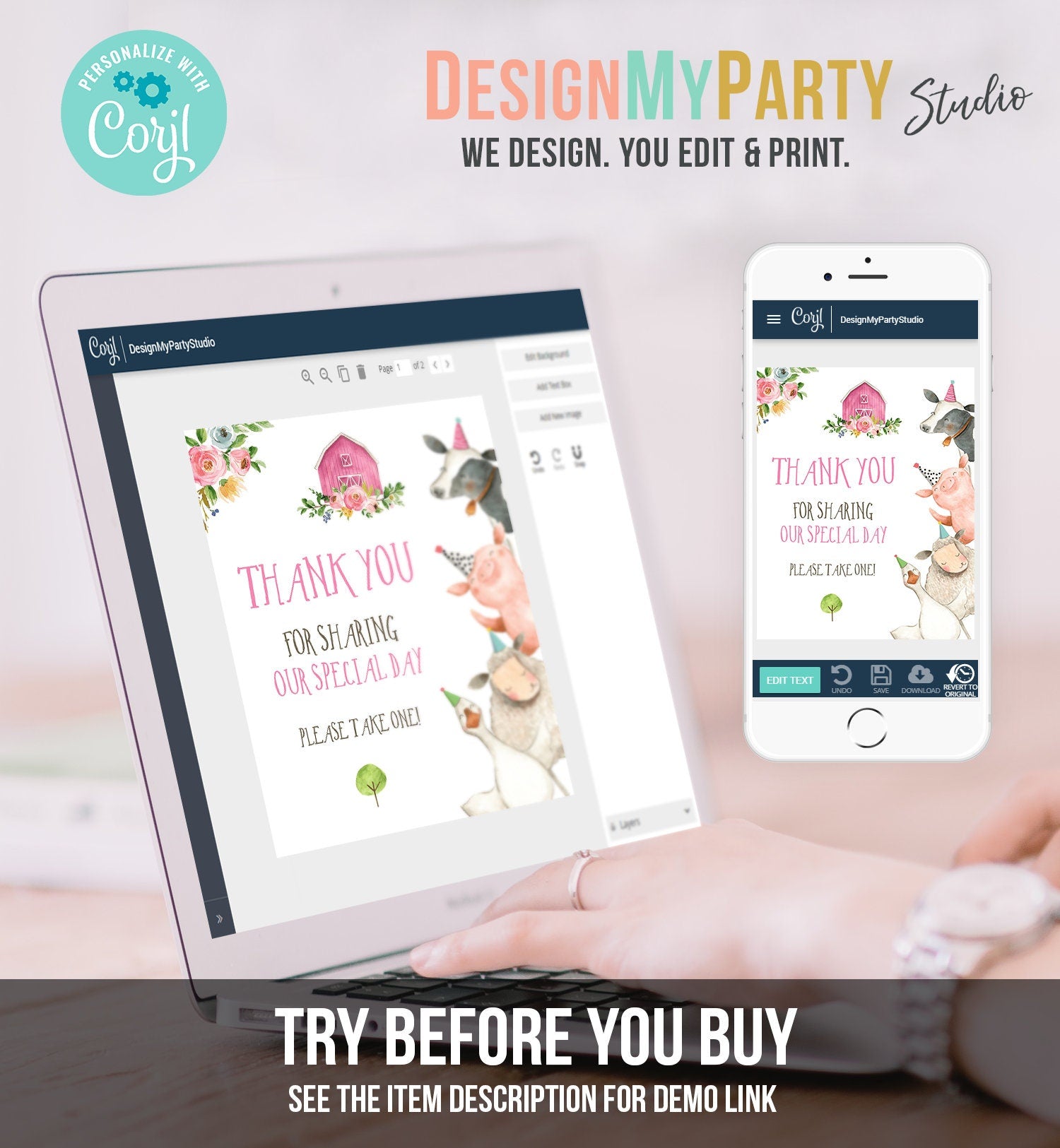 Editable Pink Farm Birthday Thank You Sign Girl Barnyard Birthday Favor Sign Farm Animals Favor Table Digital Template Printable 0155