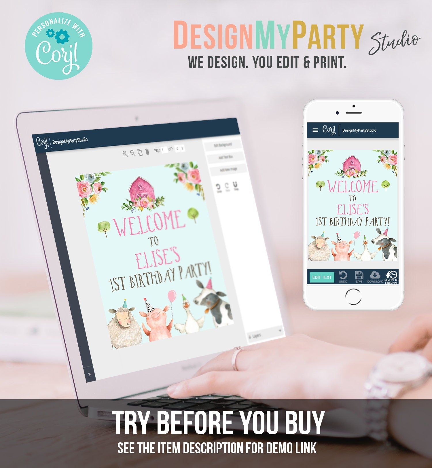 Editable Farm Birthday Welcome Sign Girl Barnyard Birthday Welcome Sign Farm Animals Birthday Welcome Girl Template Corjl PRINTABLE 0155