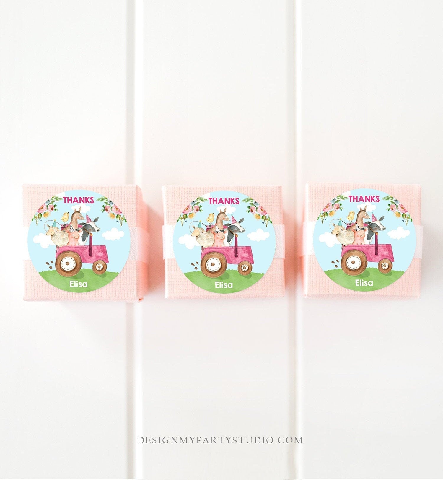 Editable Farm Animals Thank you Tags Girls Barnyard Birthday Stickers Farm Birthday Decor Pink Favor Tags Cow Pig Template Corjl 0155