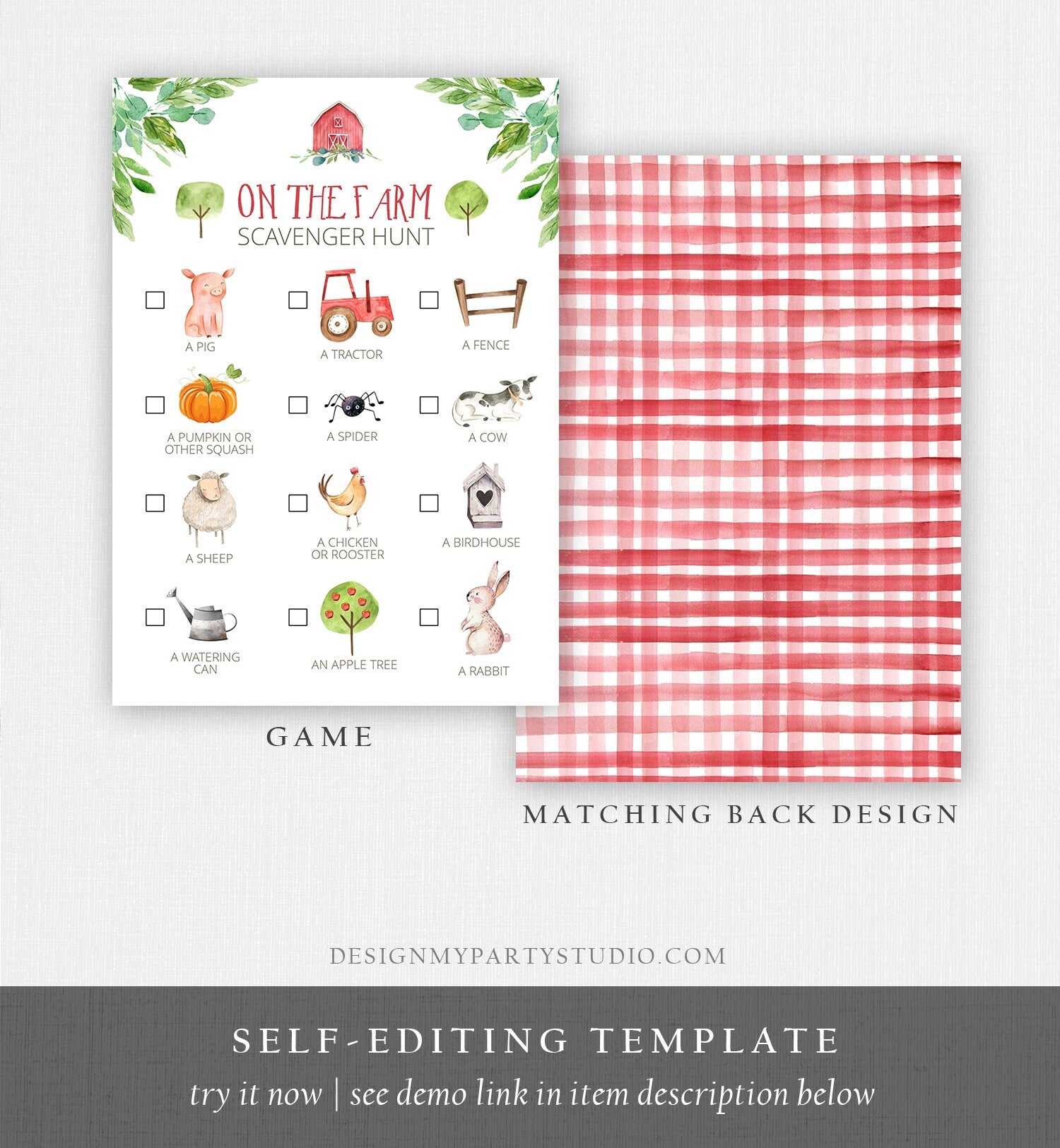 Editable Farm Scavenger Hunt Checklist Game Party Farm Birthday Barnyard Party Kids Animals Nature Instant Download Template Corjl 0155