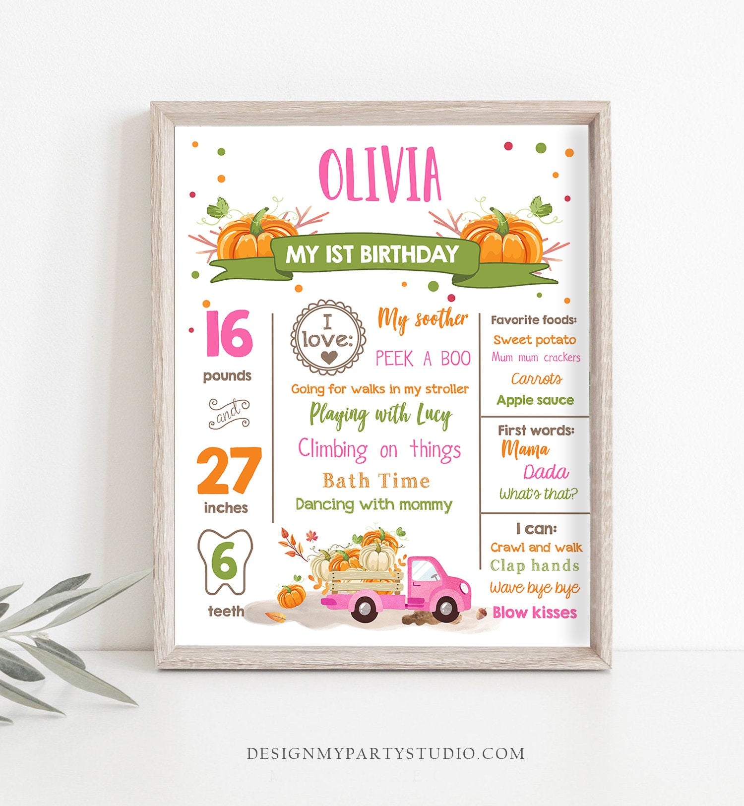 Editable Pumpkin Birthday Milestones Sign Pumpkin Truck Birthday First Birthday Girl Fall Pink Green Autumn Download Template Printable 0153