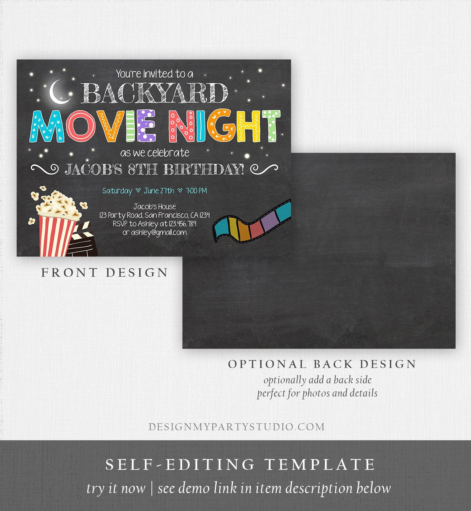 Editable Movie Night Birthday Invitation Under the Stars Outdoor Backyard Movie Party Popcorn Download Printable Template Corjl 0042