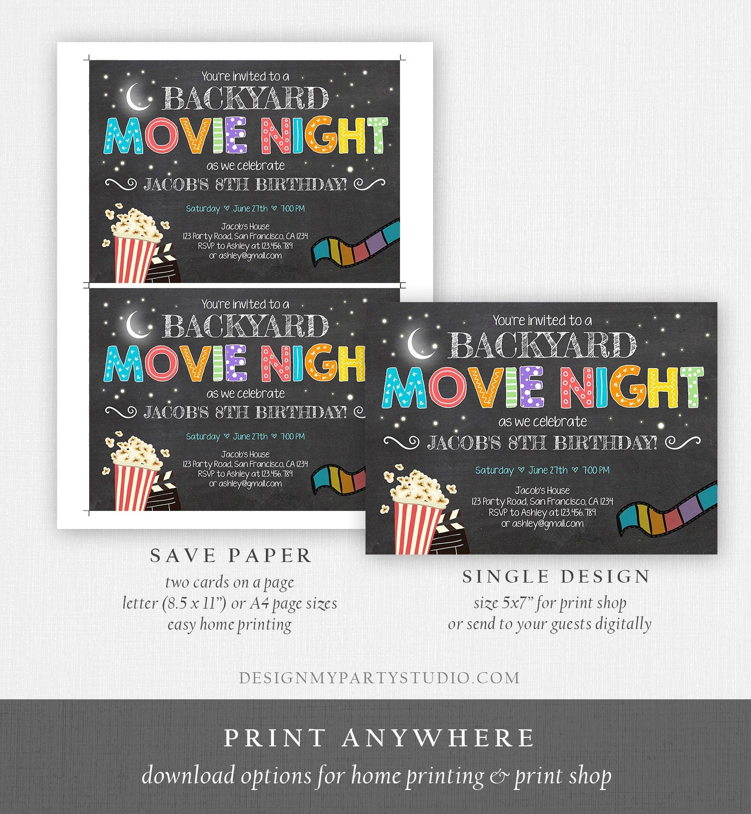 Editable Movie Night Birthday Invitation Under the Stars Outdoor Backyard Movie Party Popcorn Download Printable Template Corjl 0042