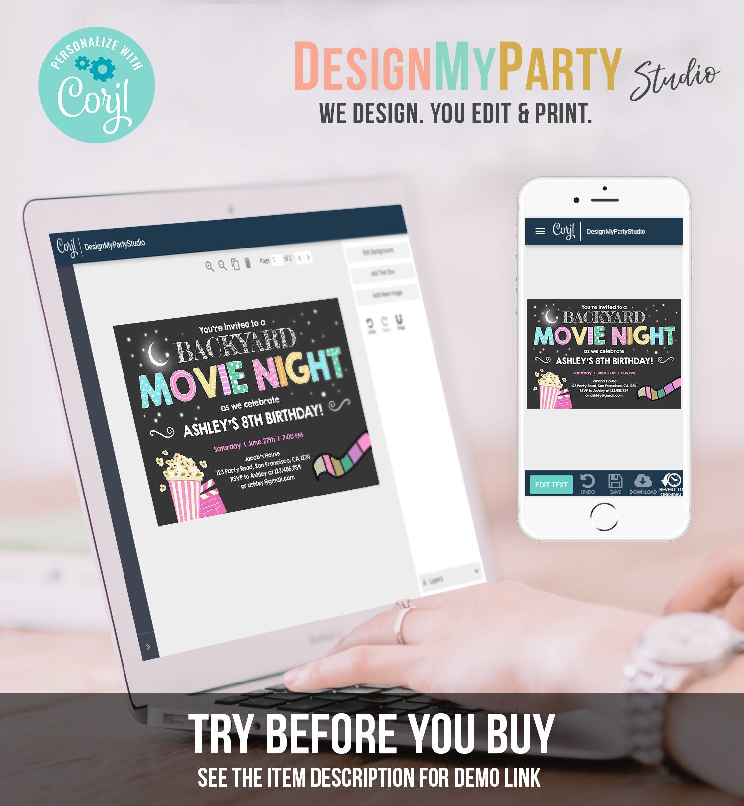 Editable Movie Night Birthday Invitation Girls Movie Slumber Party Backyard Movie Party Popcorn Download Printable Template Corjl 0042