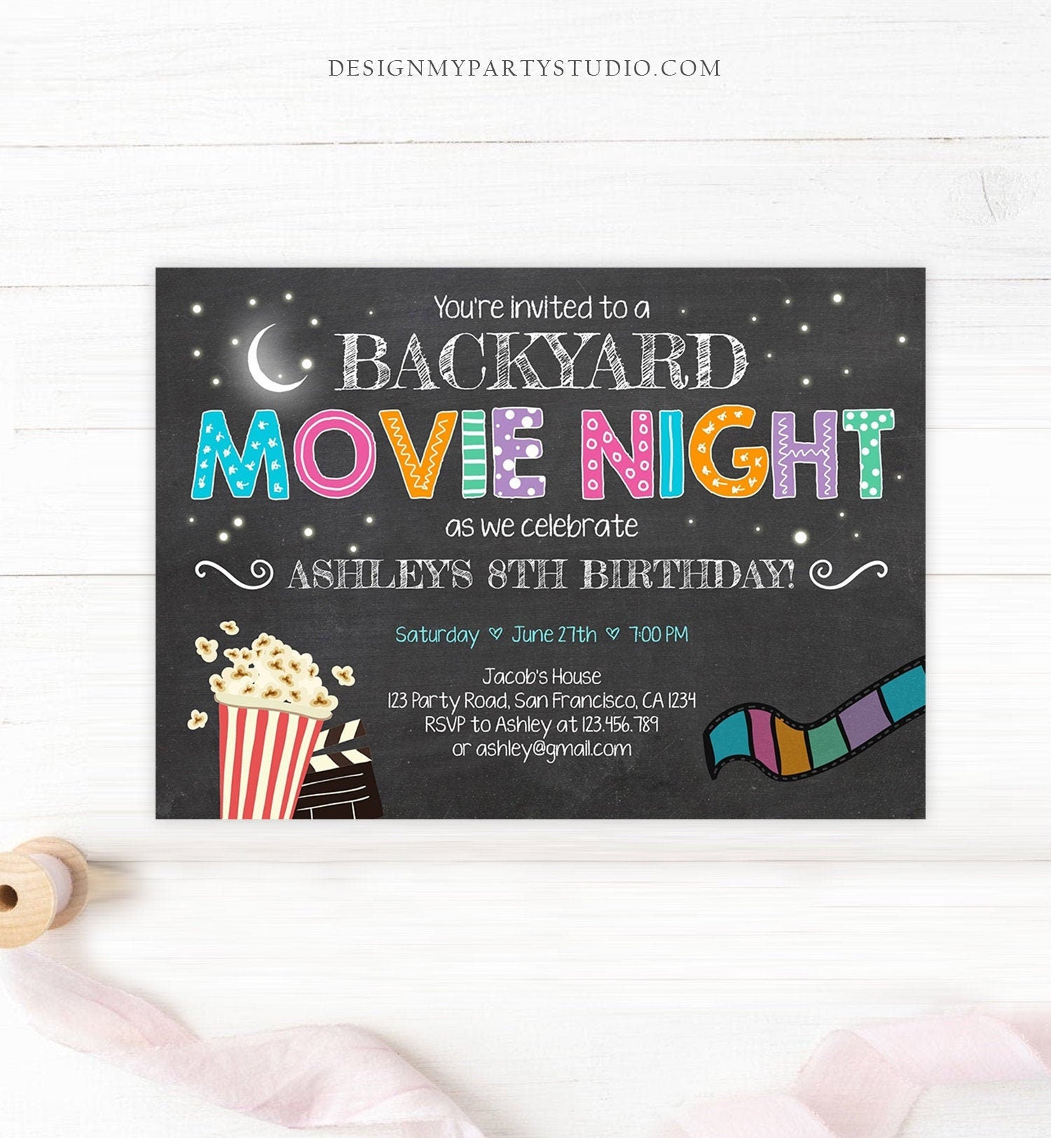 Editable Movie Night Birthday Invitation Under the Stars Outdoor Backyard Movie Party Popcorn Download Printable Template Corjl 0042