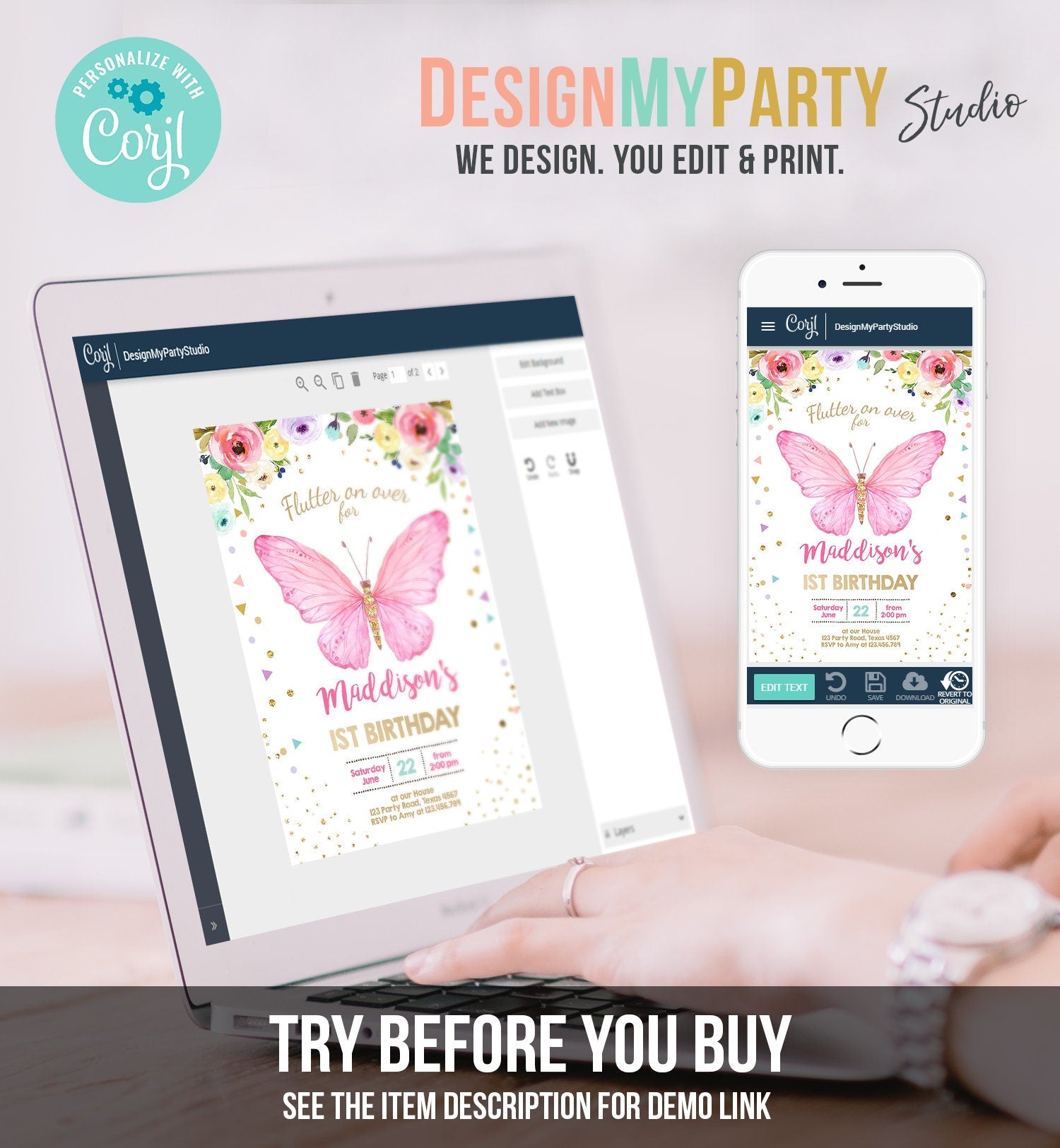 Editable Butterfly Birthday Invitation Butterfly Invitation Garden Floral Flowers Pink Gold Girl Download Printable Template Corjl 0162