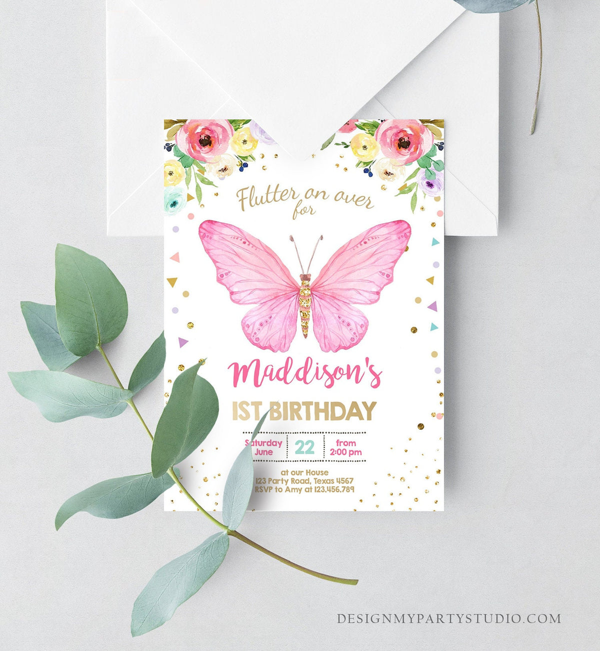 Editable Butterfly Birthday Invitation Butterfly Invitation Garden Floral Flowers Pink Gold Girl Download Printable Template Corjl 0162