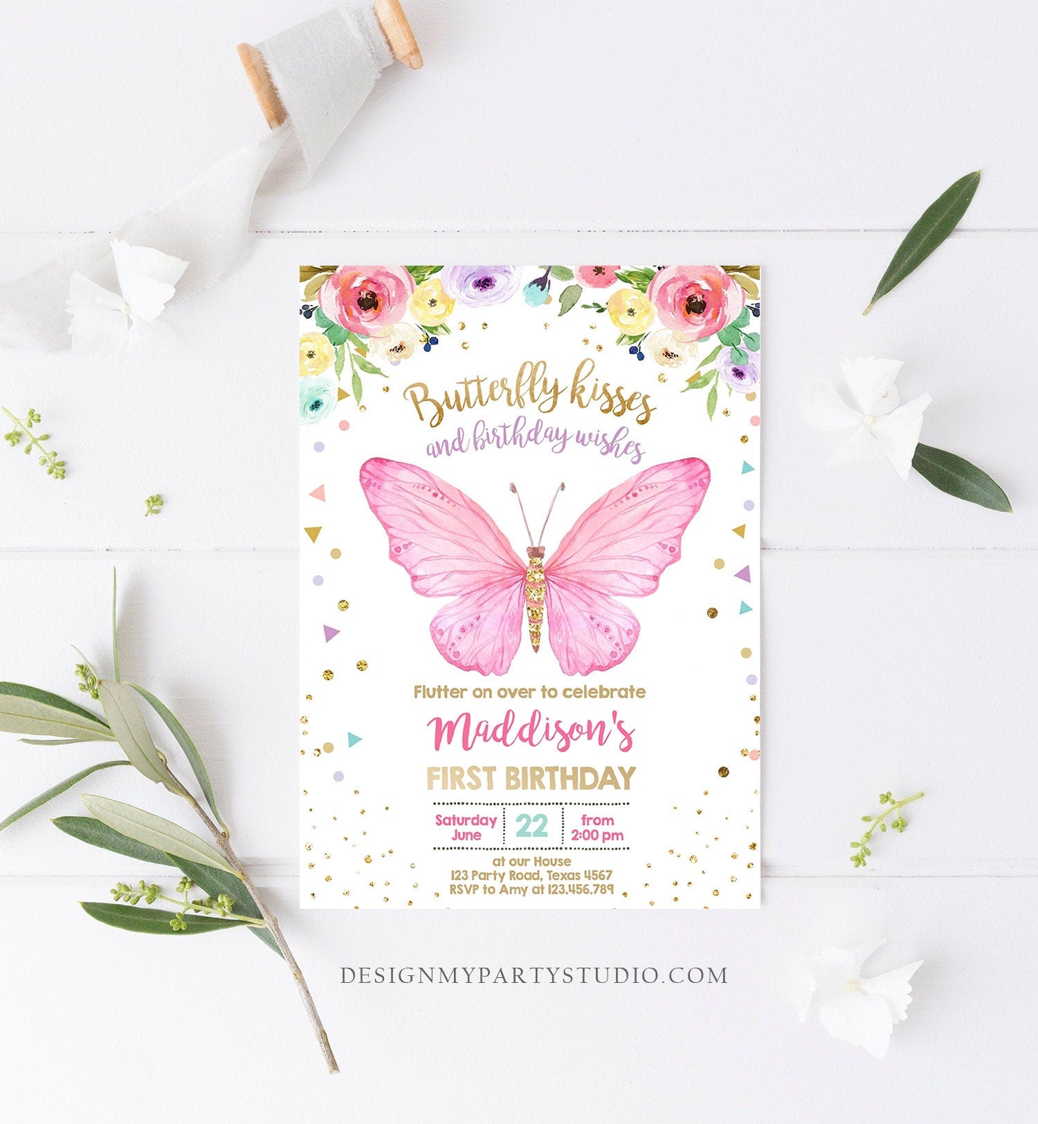 Editable Butterfly Birthday Invitation Butterfly Invitation Garden Floral Flowers Pink Gold Girl Download Printable Template Corjl 0162