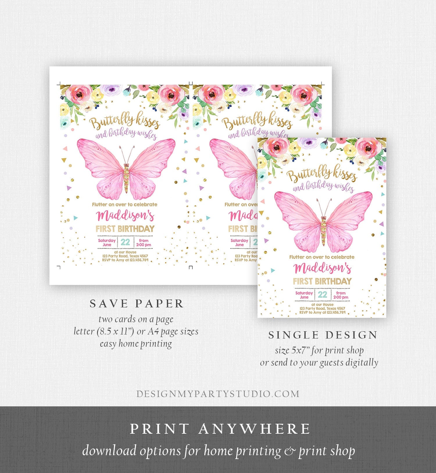 Editable Butterfly Birthday Invitation Butterfly Invitation Garden Floral Flowers Pink Gold Girl Download Printable Template Corjl 0162