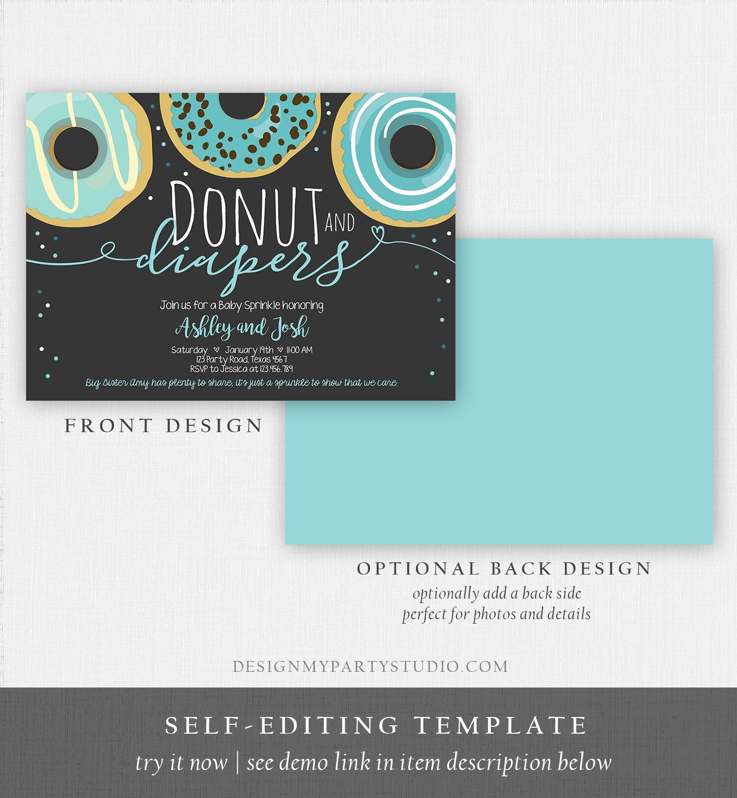 Editable Donut and Diapers Baby Shower Invitation Sprinkle Sprinkled With Love Coed Boy Blue Pastel Download Printable Corj Template 0050