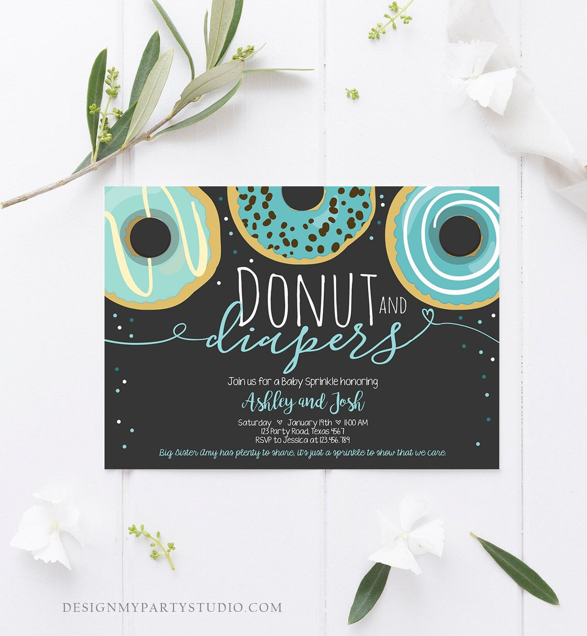 Editable Donut and Diapers Baby Shower Invitation Sprinkle Sprinkled With Love Coed Boy Blue Pastel Download Printable Corj Template 0050