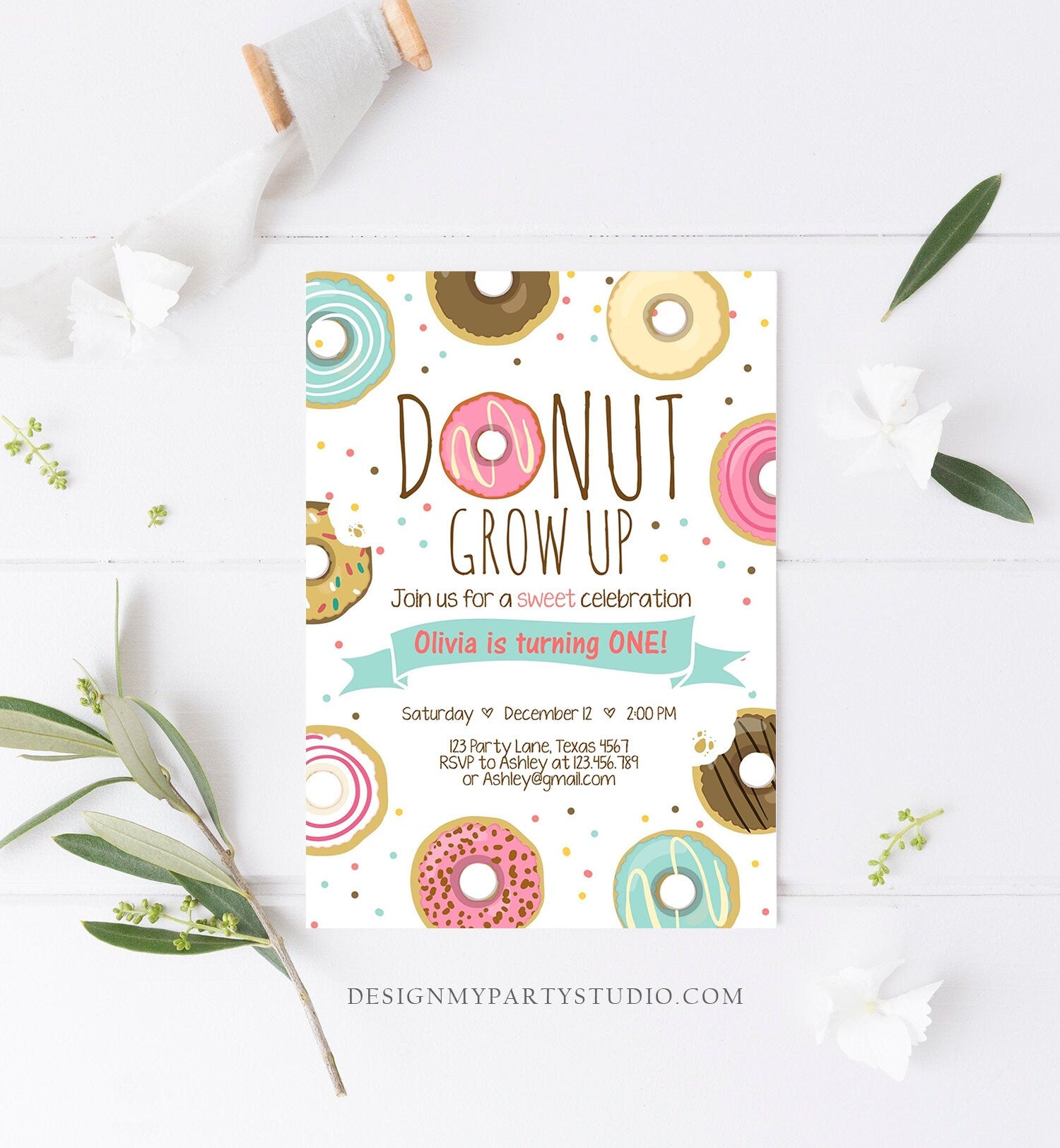 Editable Donut Grow Up Birthday Invitation First Birthday Party Pink Girl Doughnut Sweet Digital Download Printable Template Corjl 0050