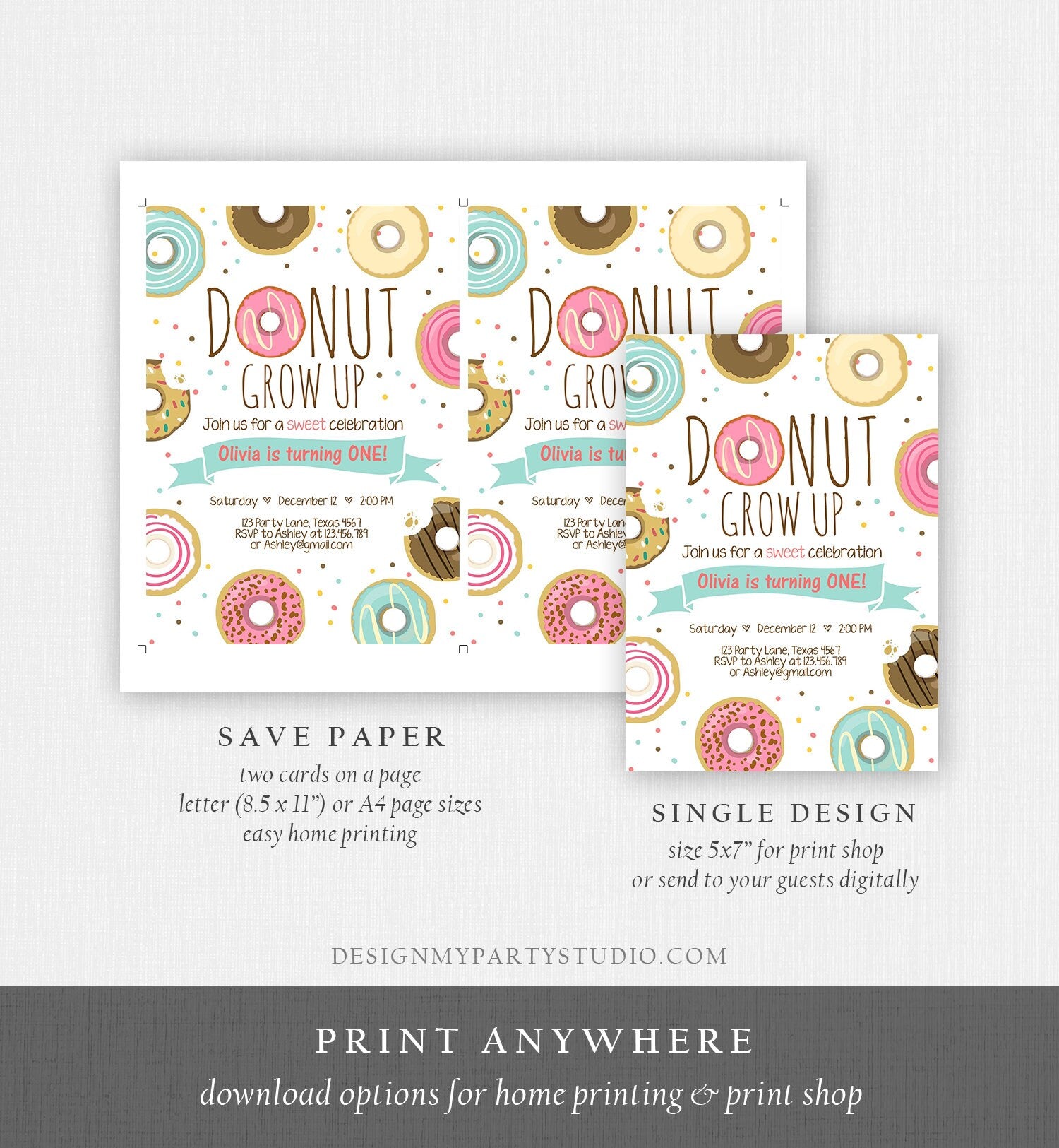 Editable Donut Grow Up Birthday Invitation First Birthday Party Pink Girl Doughnut Sweet Digital Download Printable Template Corjl 0050