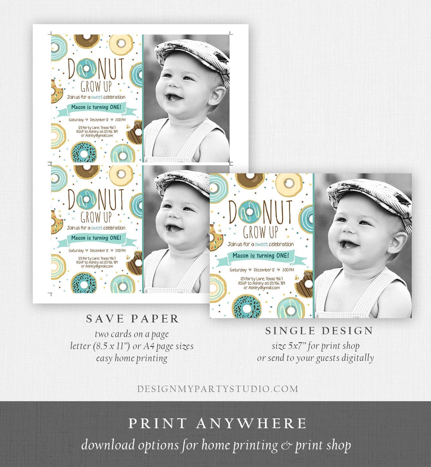 Editable Donut Grow Up Birthday Invitation First Birthday Party Blue Boy Doughnut 1st Pastel Photo Download Printable Template Corjl 0050