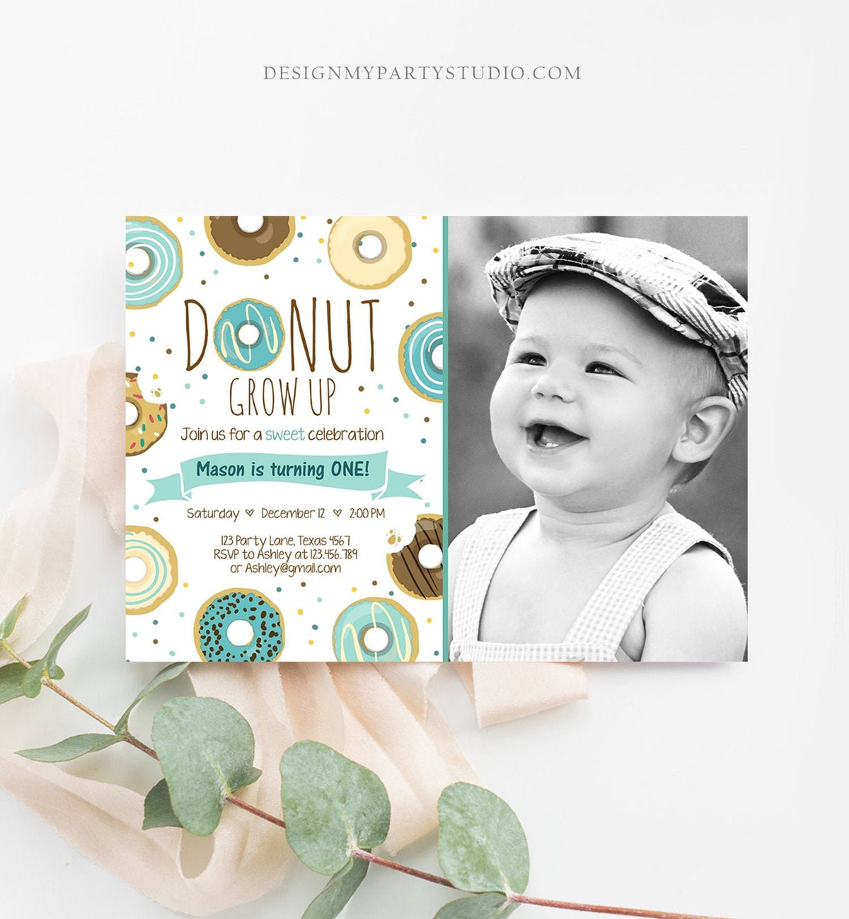 Editable Donut Grow Up Birthday Invitation First Birthday Party Blue Boy Doughnut 1st Pastel Photo Download Printable Template Corjl 0050