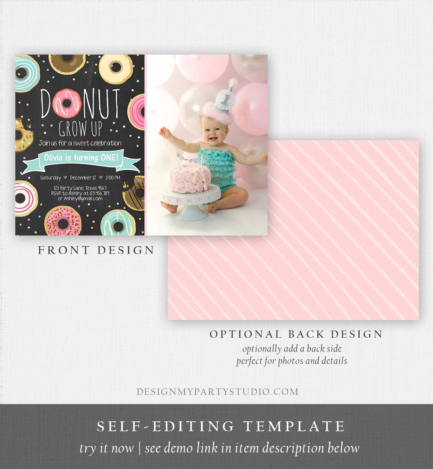 Editable Donut Grow Up Birthday Invitation First Birthday Party Pink Girl Doughnut Chalk Digital Download Printable Template Corjl 0050