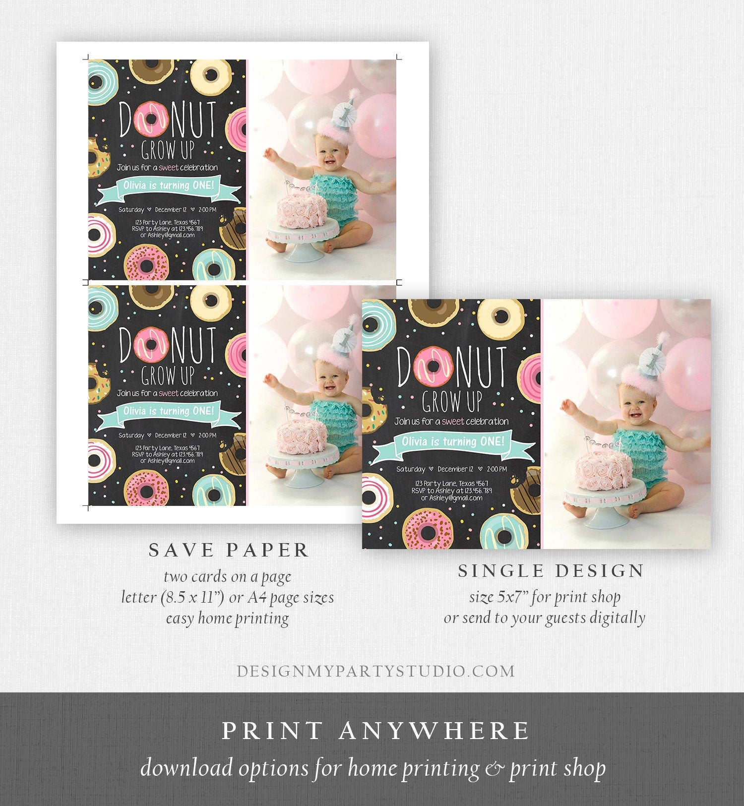 Editable Donut Grow Up Birthday Invitation First Birthday Party Pink Girl Doughnut Chalk Digital Download Printable Template Corjl 0050