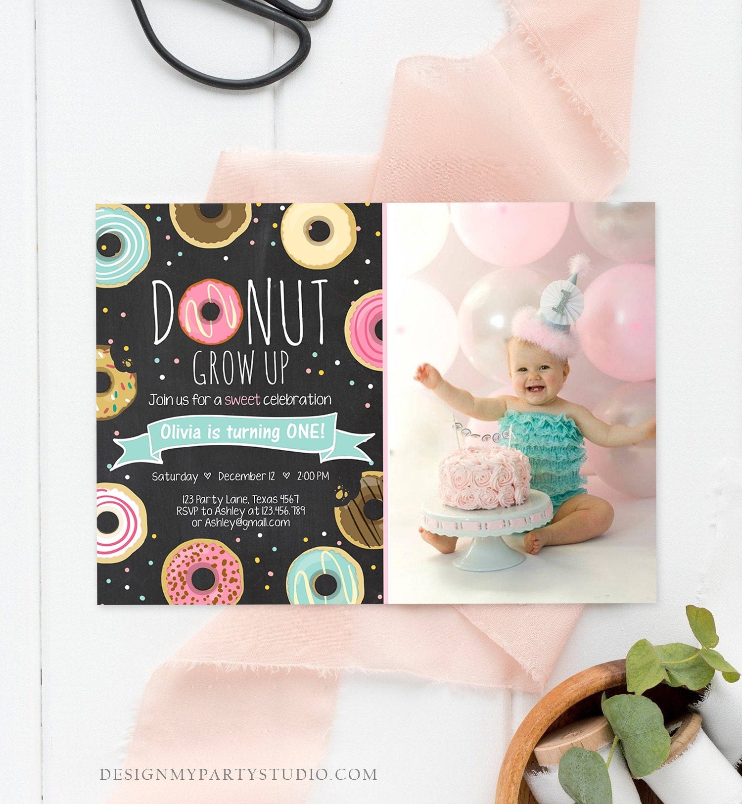 Editable Donut Grow Up Birthday Invitation First Birthday Party Pink Girl Doughnut Chalk Digital Download Printable Template Corjl 0050