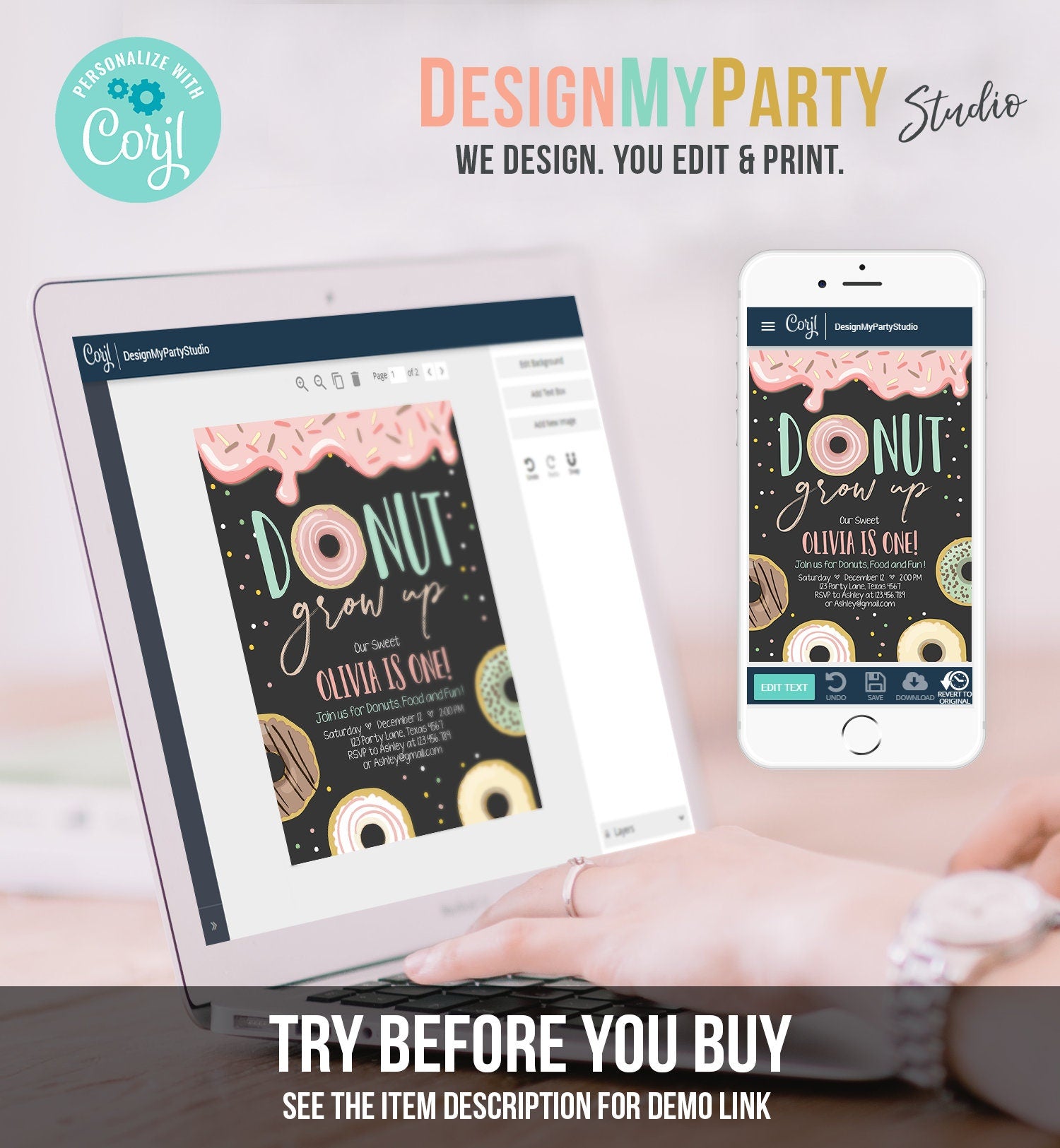 Editable Donut Grow Up Birthday Invitation First Birthday Party Pink Girl Doughnut Chalk Digital Download Printable Template Corjl 0320