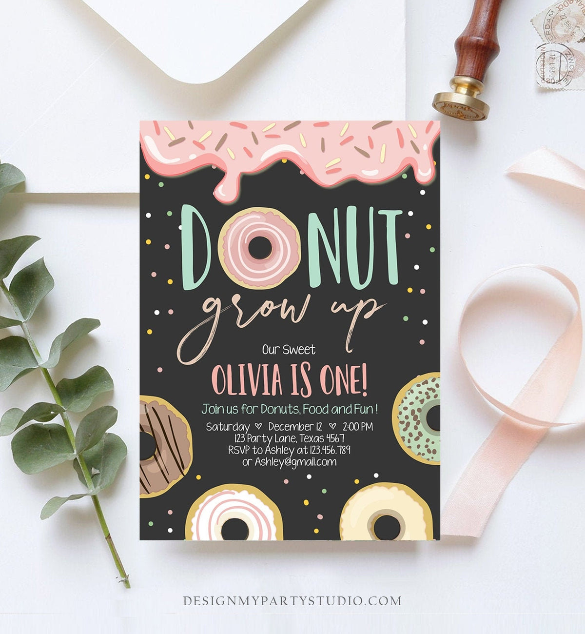 Editable Donut Grow Up Birthday Invitation First Birthday Party Pink Girl Doughnut Chalk Digital Download Printable Template Corjl 0320