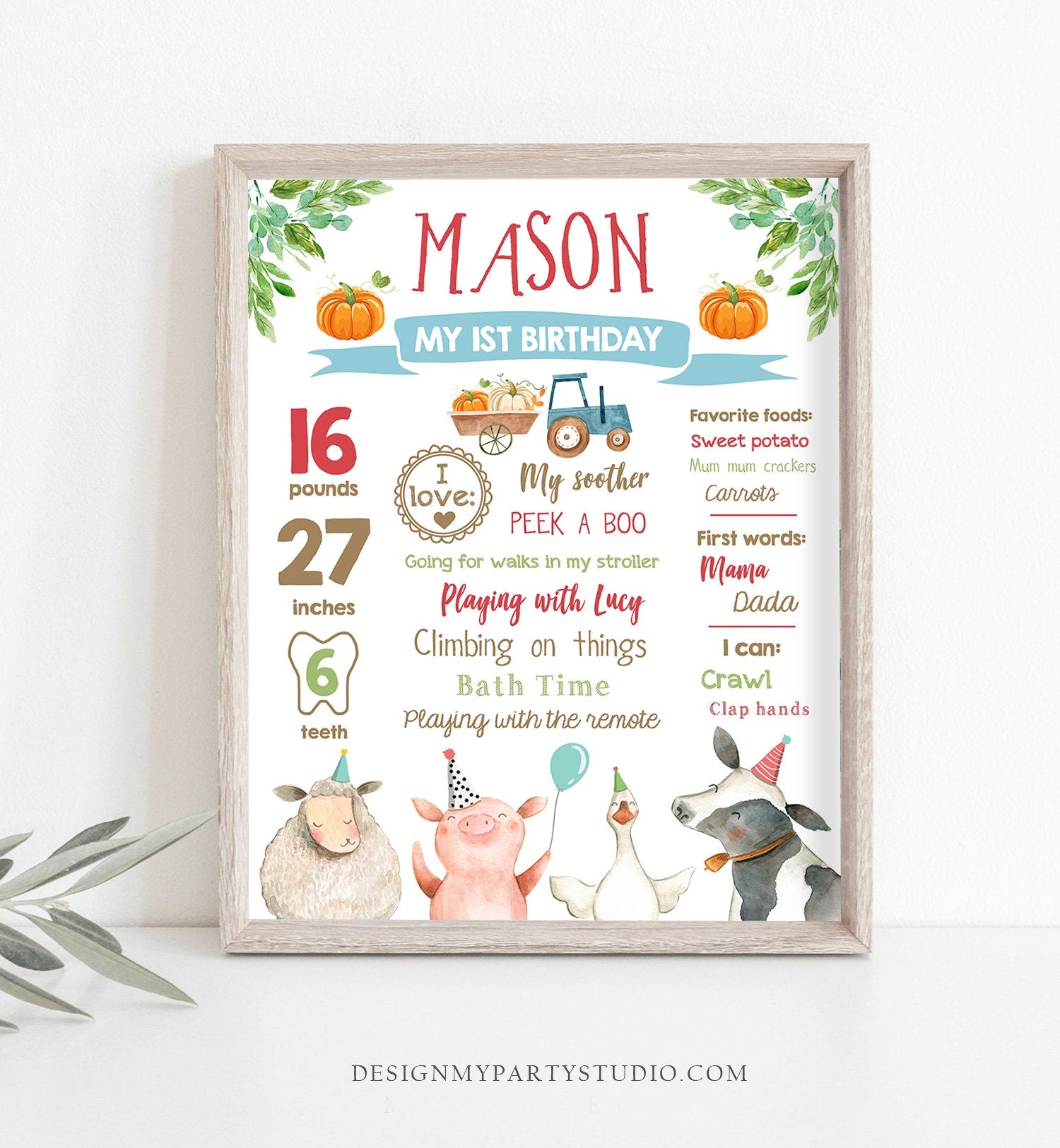 Editable Pumpkin Farm Animals Birthday Milestones Sign Boy Blue Red Fall Farm Birthday Barnyard Bash Autumn Download Template Printable 0155