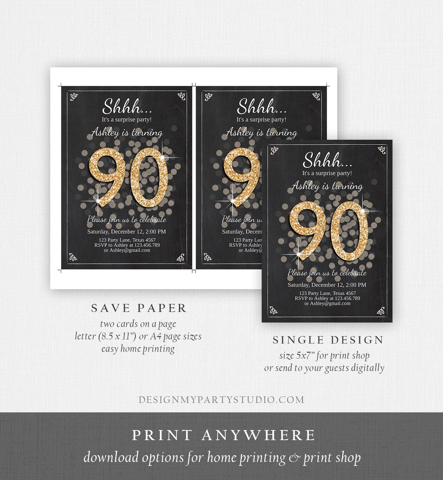 Editable ANY AGE Surprise Birthday Invitation Adult 90th Party Rustic Chalk Black Gold Glitter Photo Download Printable Corjl Template 0103