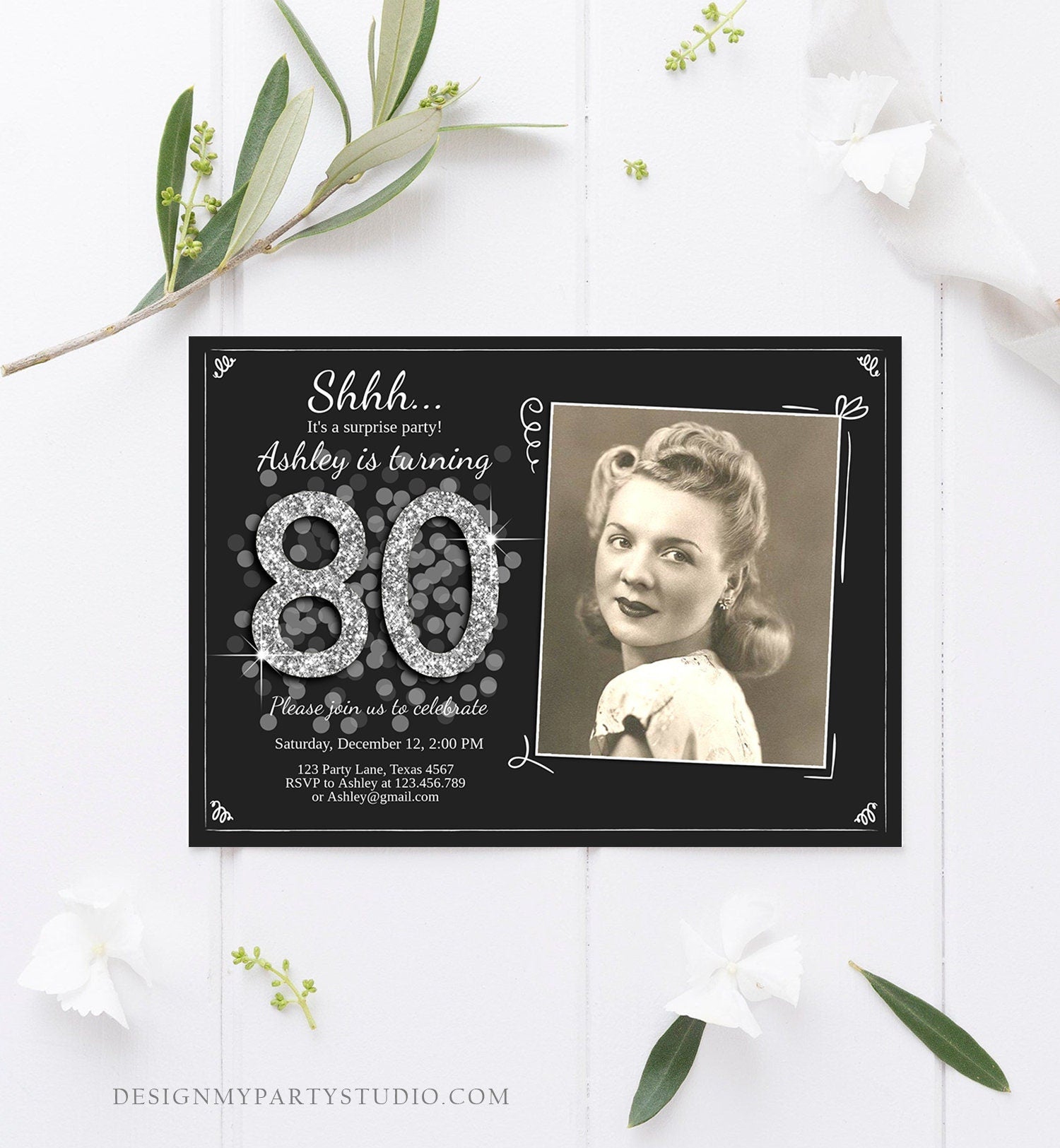 Editable ANY AGE Surprise Birthday Invitation Adult 80th Party Rustic Black Silver Glitter Photo Download Printable Corjl Template 0103