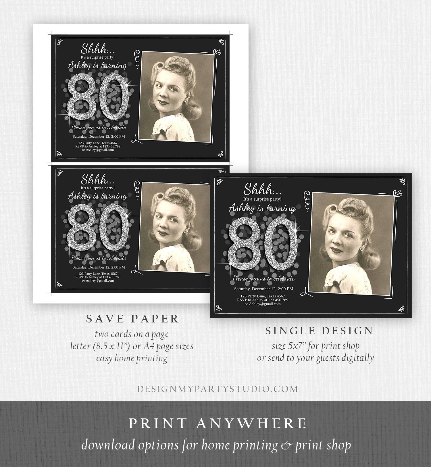 Editable ANY AGE Surprise Birthday Invitation Adult 80th Party Rustic Black Silver Glitter Photo Download Printable Corjl Template 0103