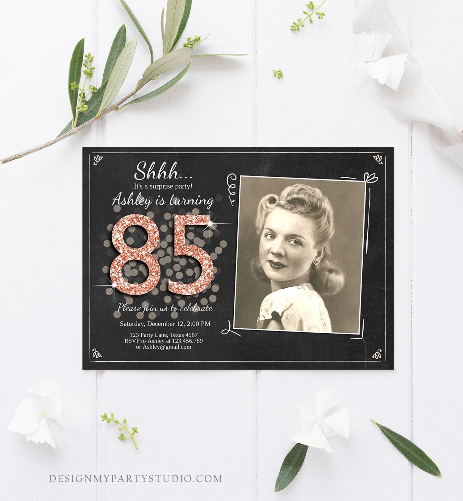 Editable ANY AGE Surprise Birthday Invitation Adult 85th Party Rustic Chalk Rose Gold Glitter Photo Download Corjl Template Printable 0103