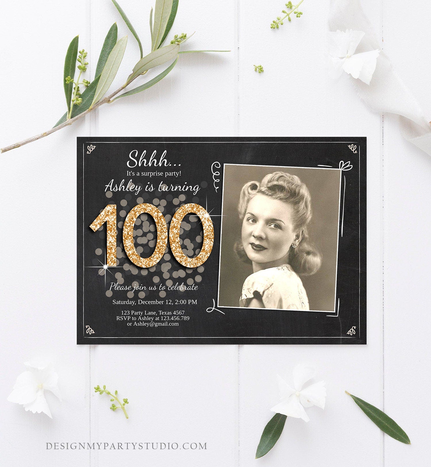 Editable ANY AGE Surprise Birthday Invitation Adult 100th Party Rustic Boho Black Gold Glitter Photo Download Printable Evite Template 0103