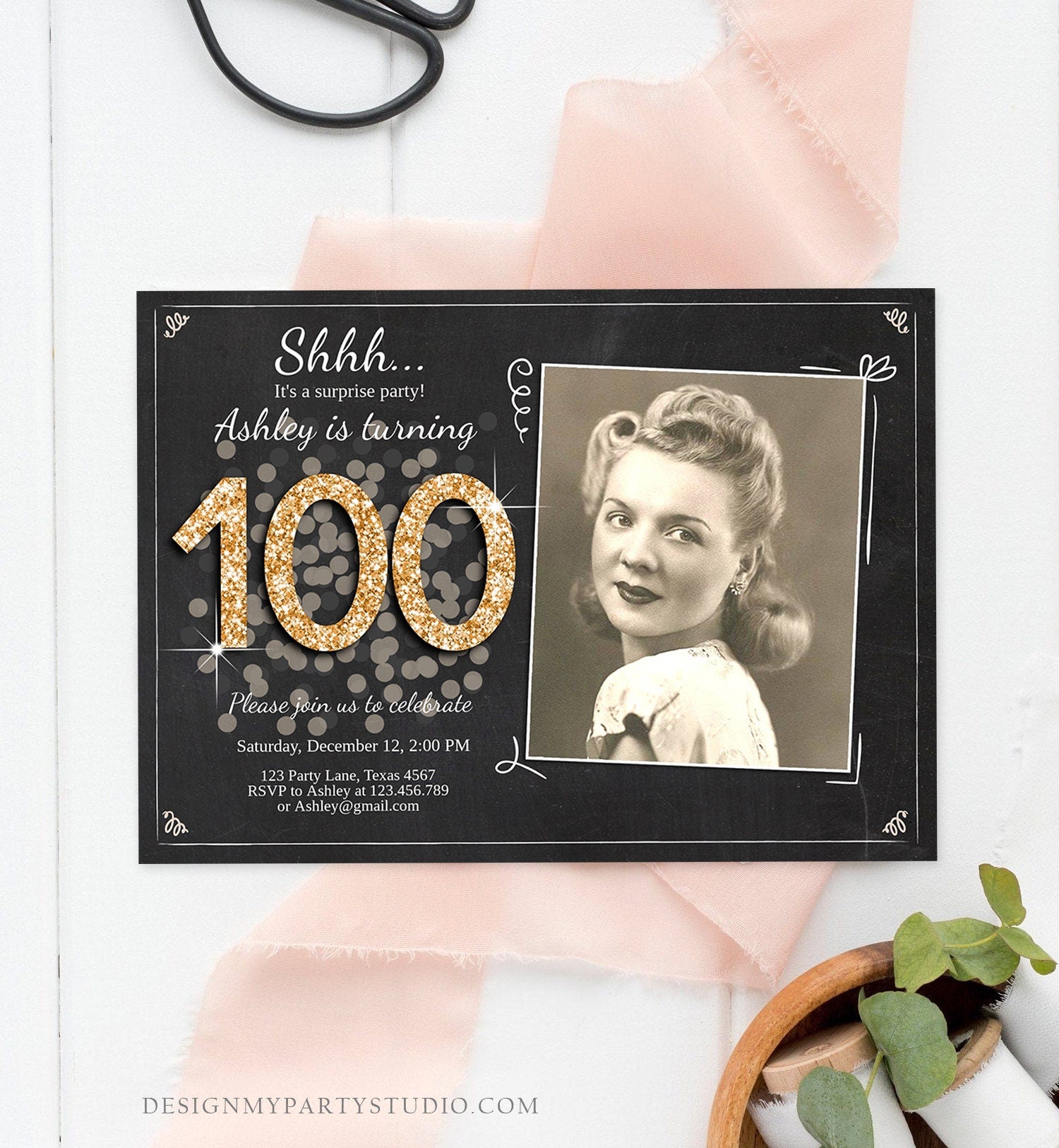 Editable ANY AGE Surprise Birthday Invitation Adult 100th Party Rustic Boho Black Gold Glitter Photo Download Printable Evite Template 0103