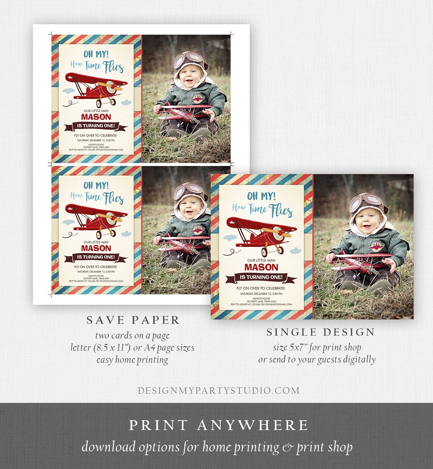 Editable Airplane Birthday Invitation Oh My Time Flies Red Airplane First Birthday Plane Vintage Download Corjl Template Printable 0011