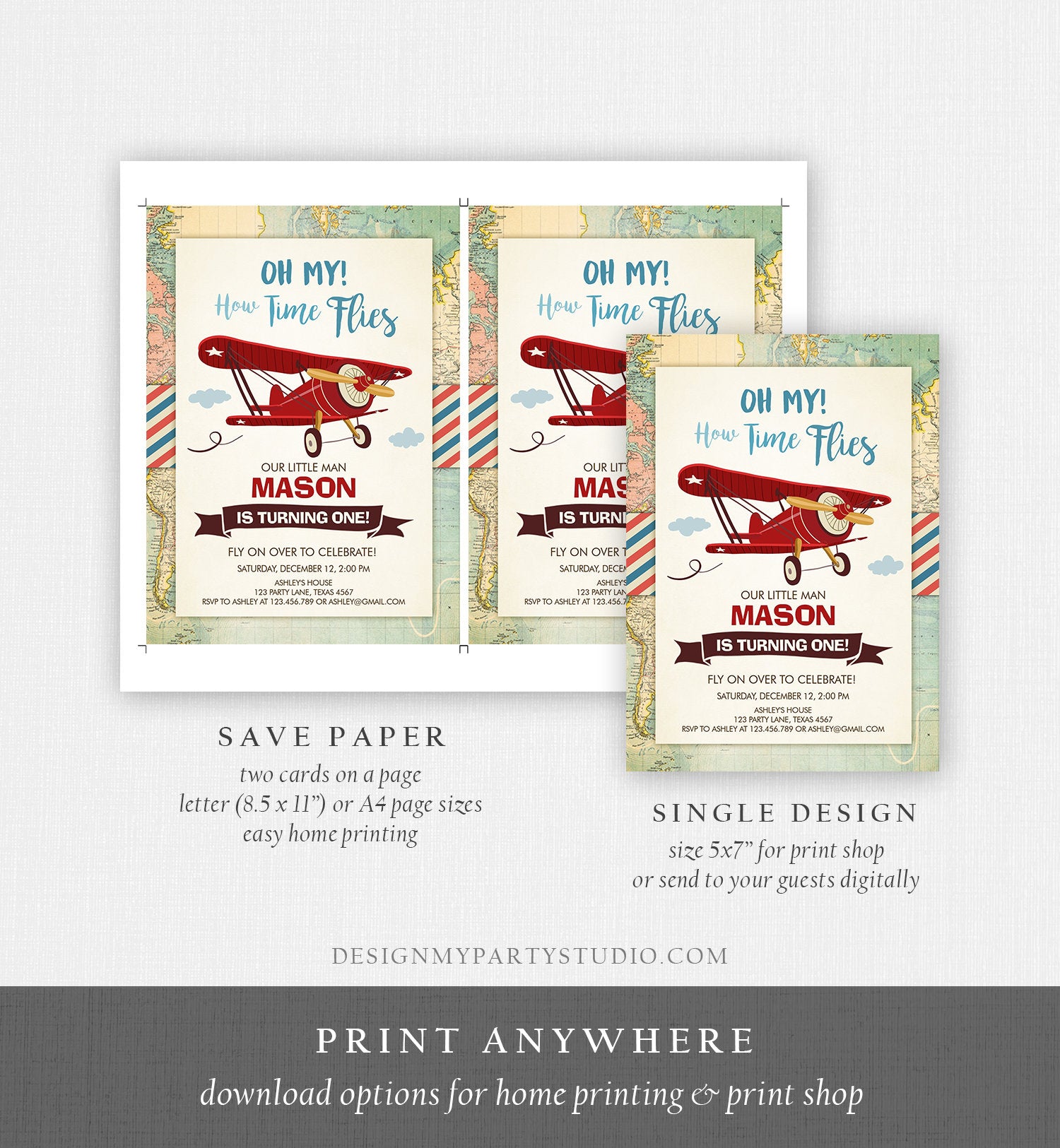 Editable Airplane Birthday Invitation Oh My Time Flies Red Airplane First Birthday Plane Sky Photo Download Evite Template Printable 0011