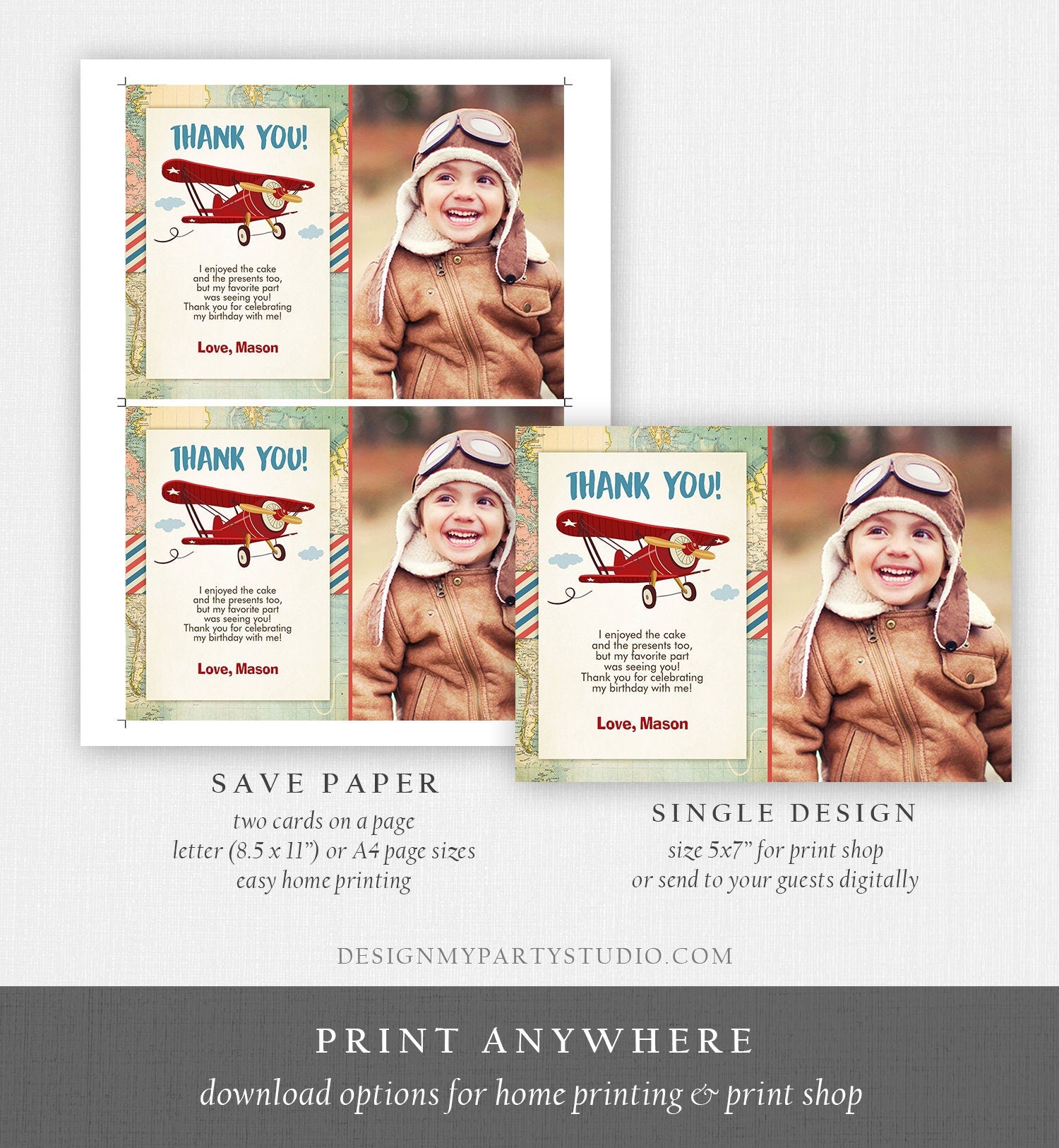 Editable Airplane Thank You Card Birthday Adventure Travel Thank You Baby Shower Invitation Red Airplane Download Corjl Template 0011