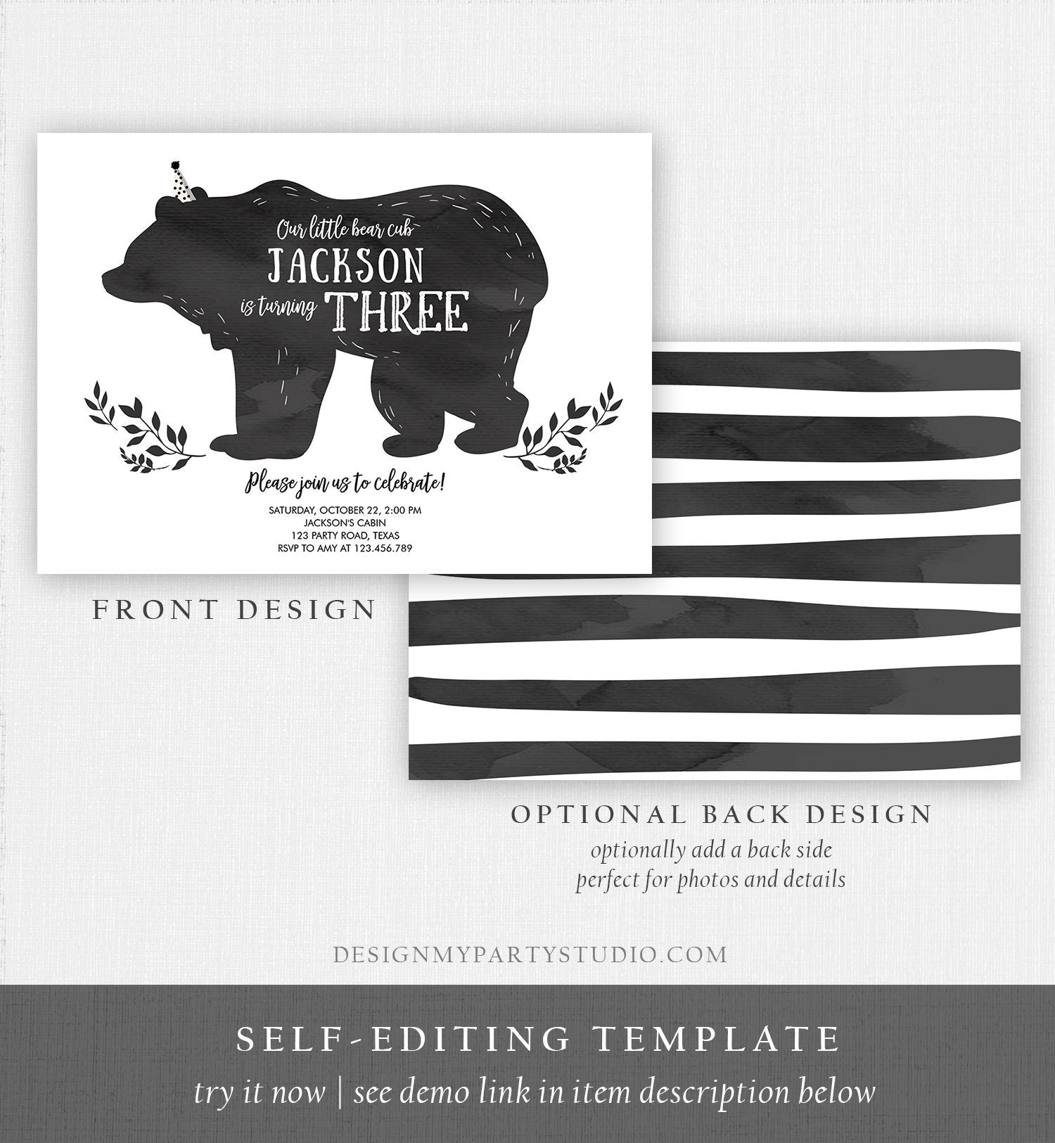 Editable Bear Cub Birthday Invitation Boy Bear Invitation Little Cub Woodland Bear Party Modern Digital Download Template Printable 0267